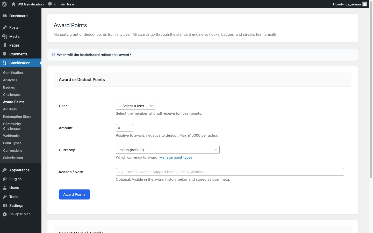 The Award Points admin screen