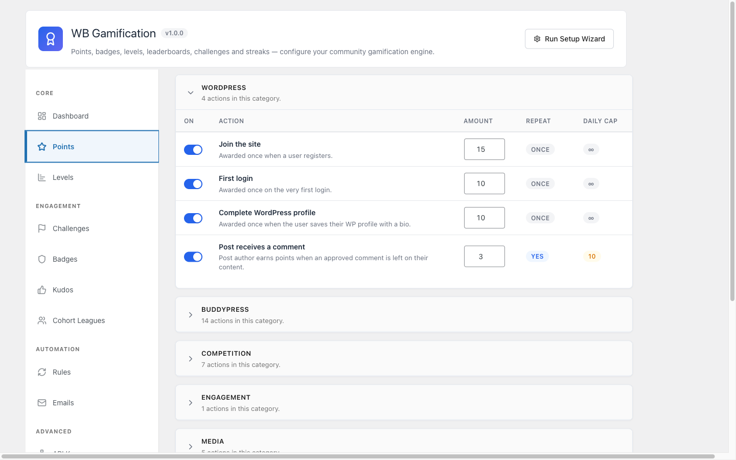 Settings → Points configuration
