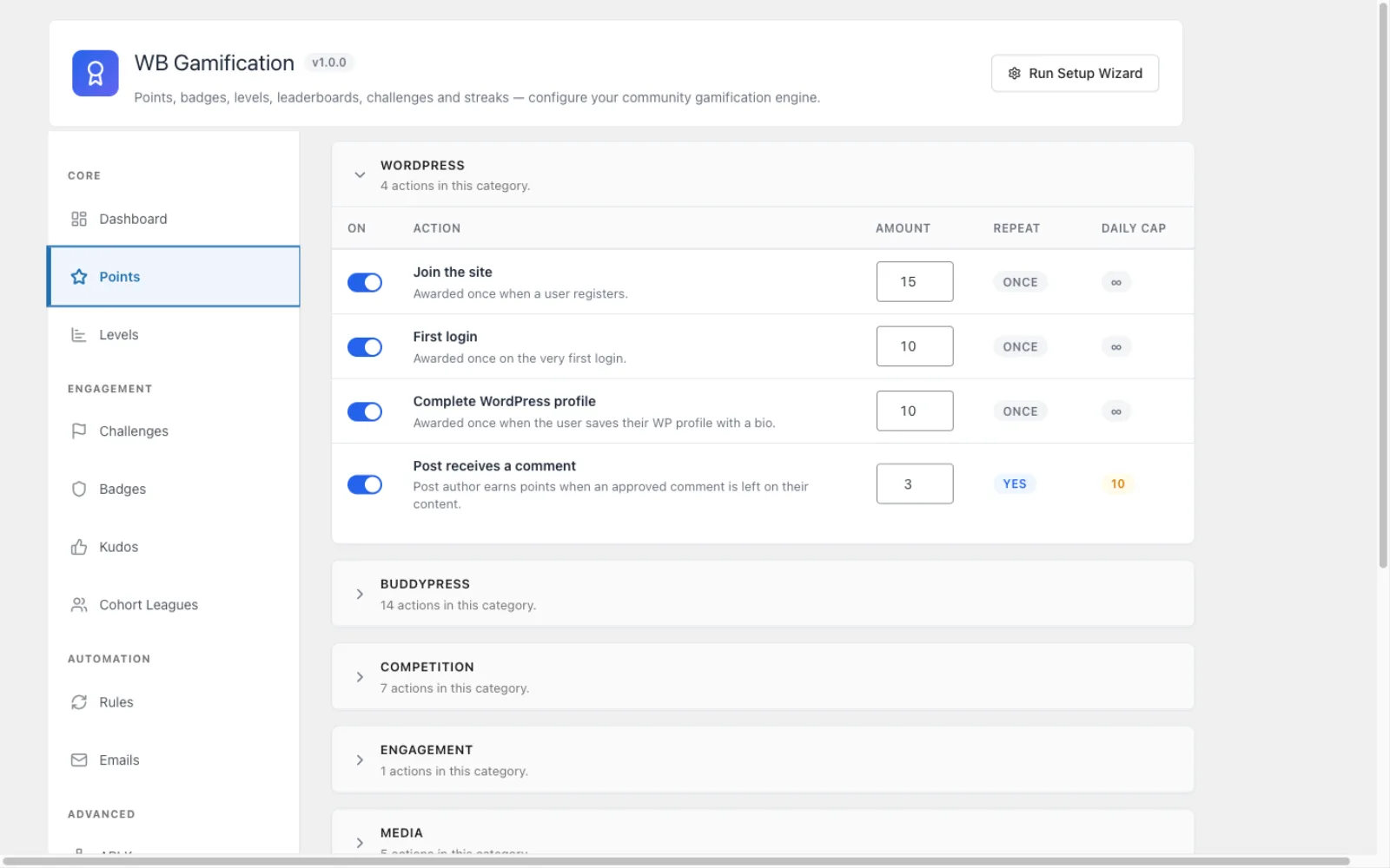 Settings, Points configuration