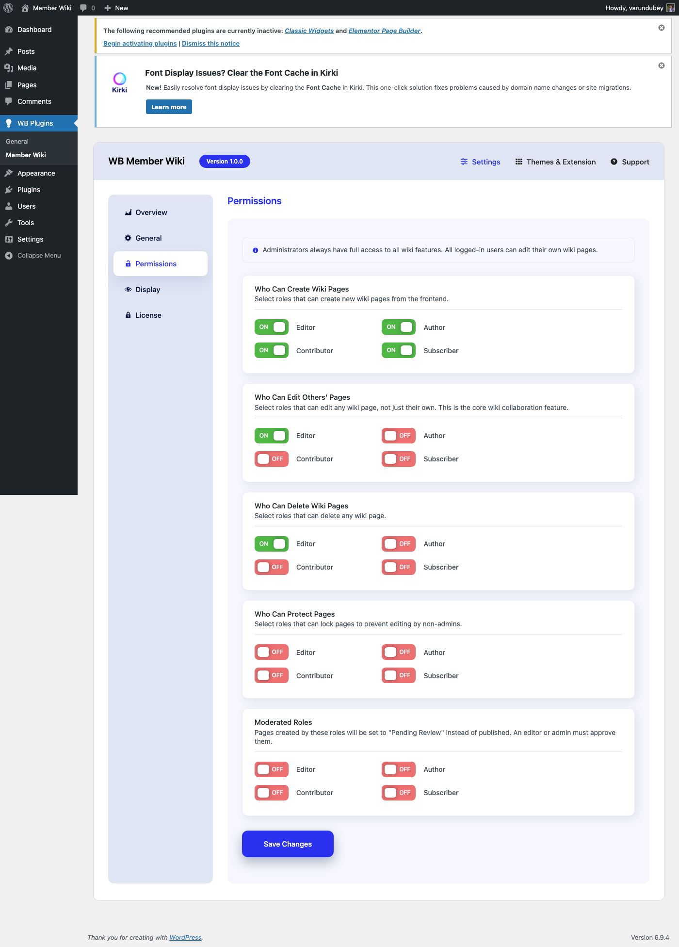 Permissions settings tab