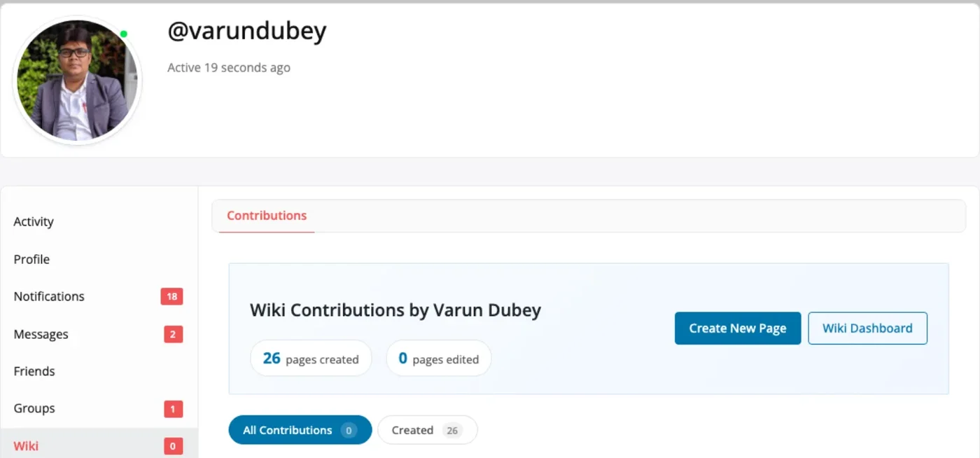 BuddyPress member profile with the Wiki tab open, showing 26 pages created and 0 pages edited