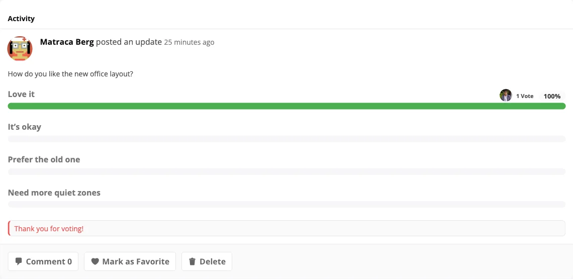 A poll in the activity feed with vote results and a thank-you note