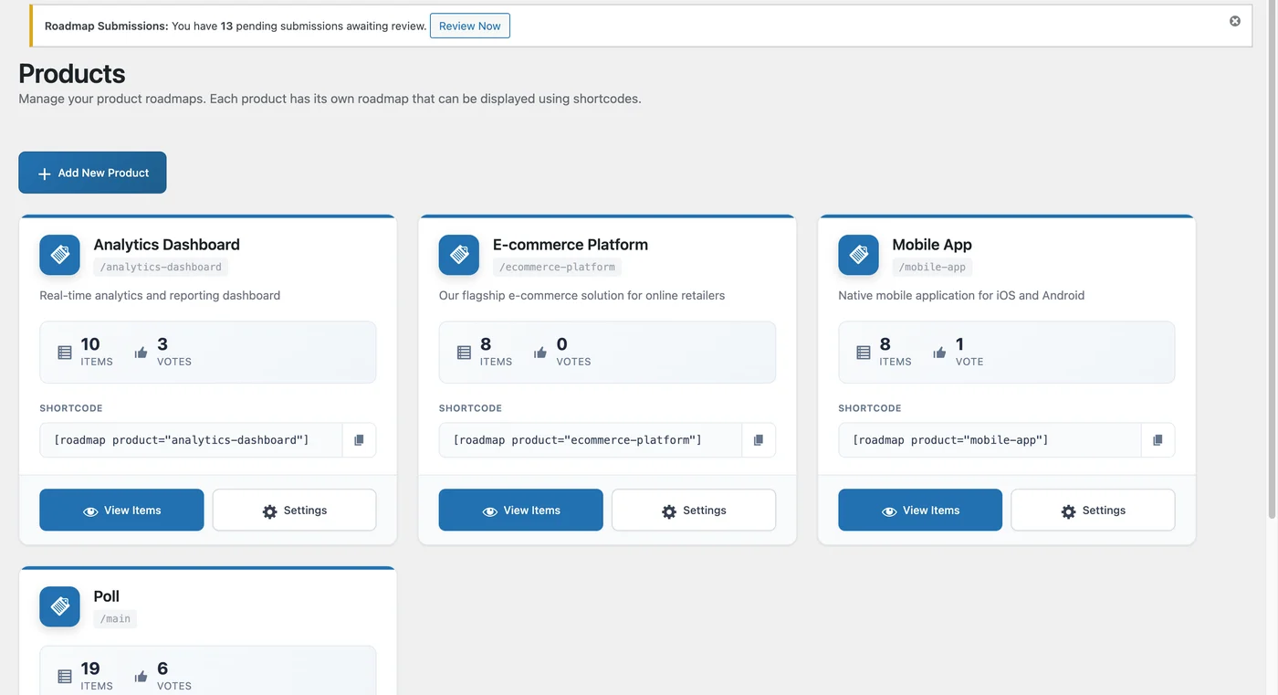 Products screen with Analytics Dashboard, E-commerce Platform and Mobile App cards showing items, votes and shortcodes