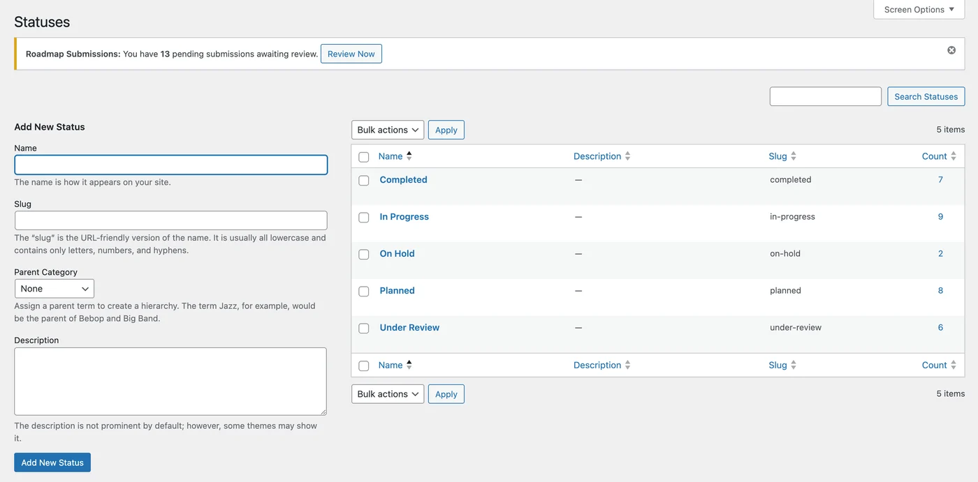 Statuses screen with Completed, In Progress, On Hold, Planned and Under Review counts and a pending submissions notice