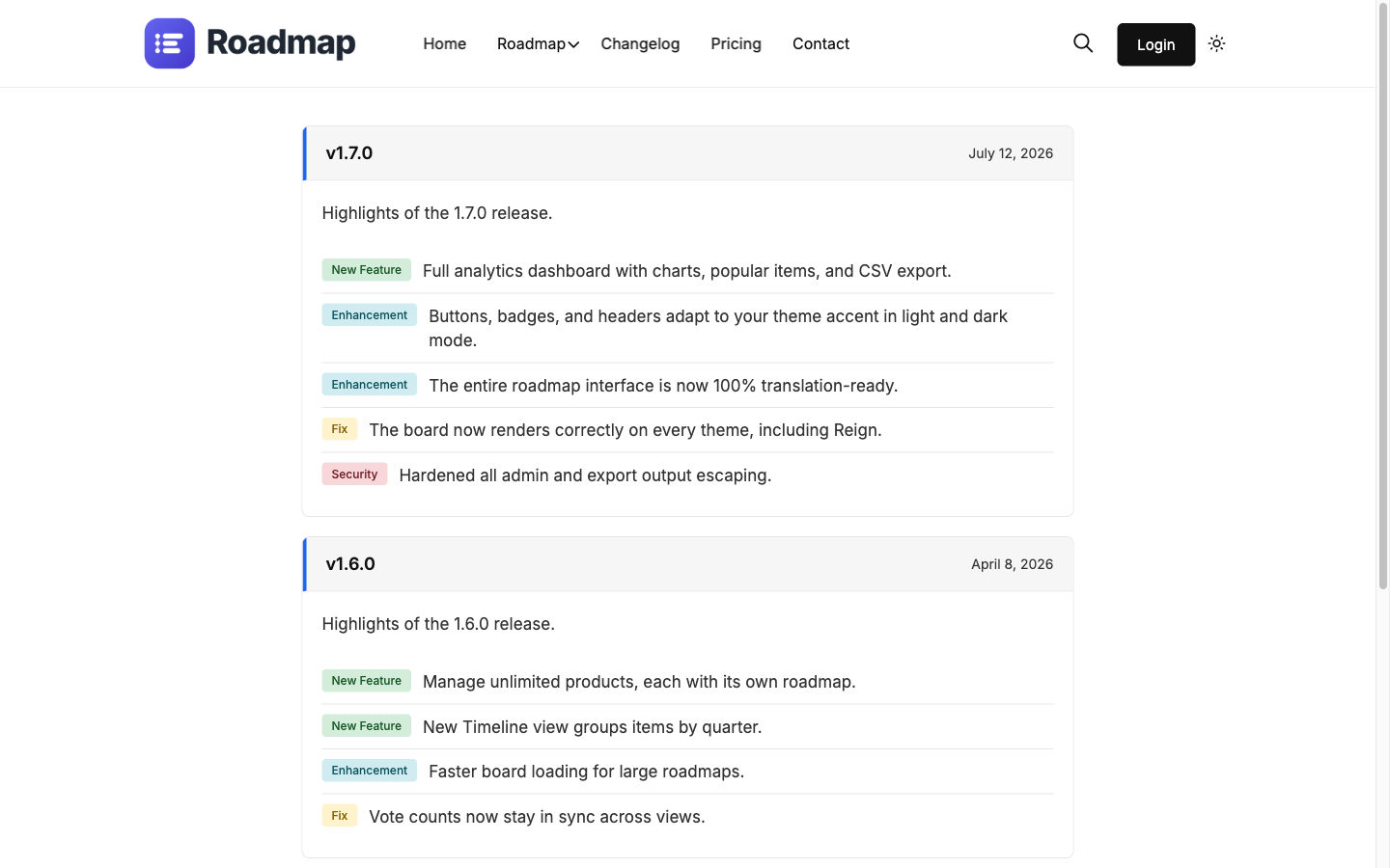 Public changelog view