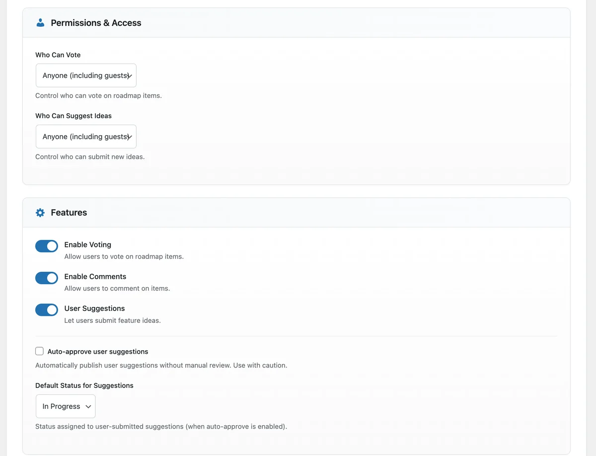 Roadmap settings with Who Can Vote, Who Can Suggest Ideas, voting, comments and suggestion toggles and an auto-approve checkbox
