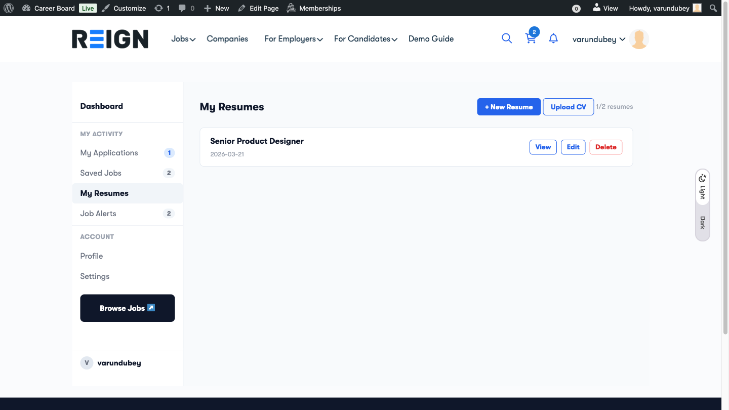 My Resumes Tab - Dashboard