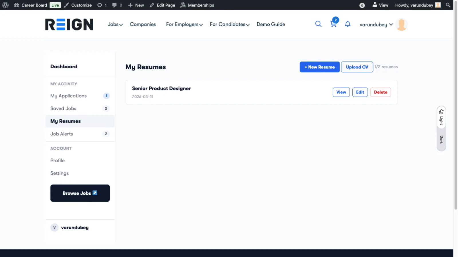 My Resumes Tab - Dashboard