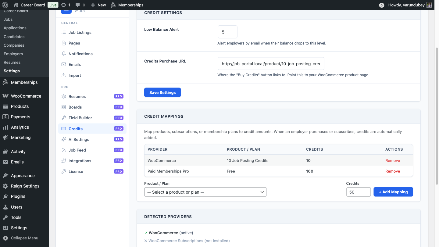 Credits Settings - Stripe Keys