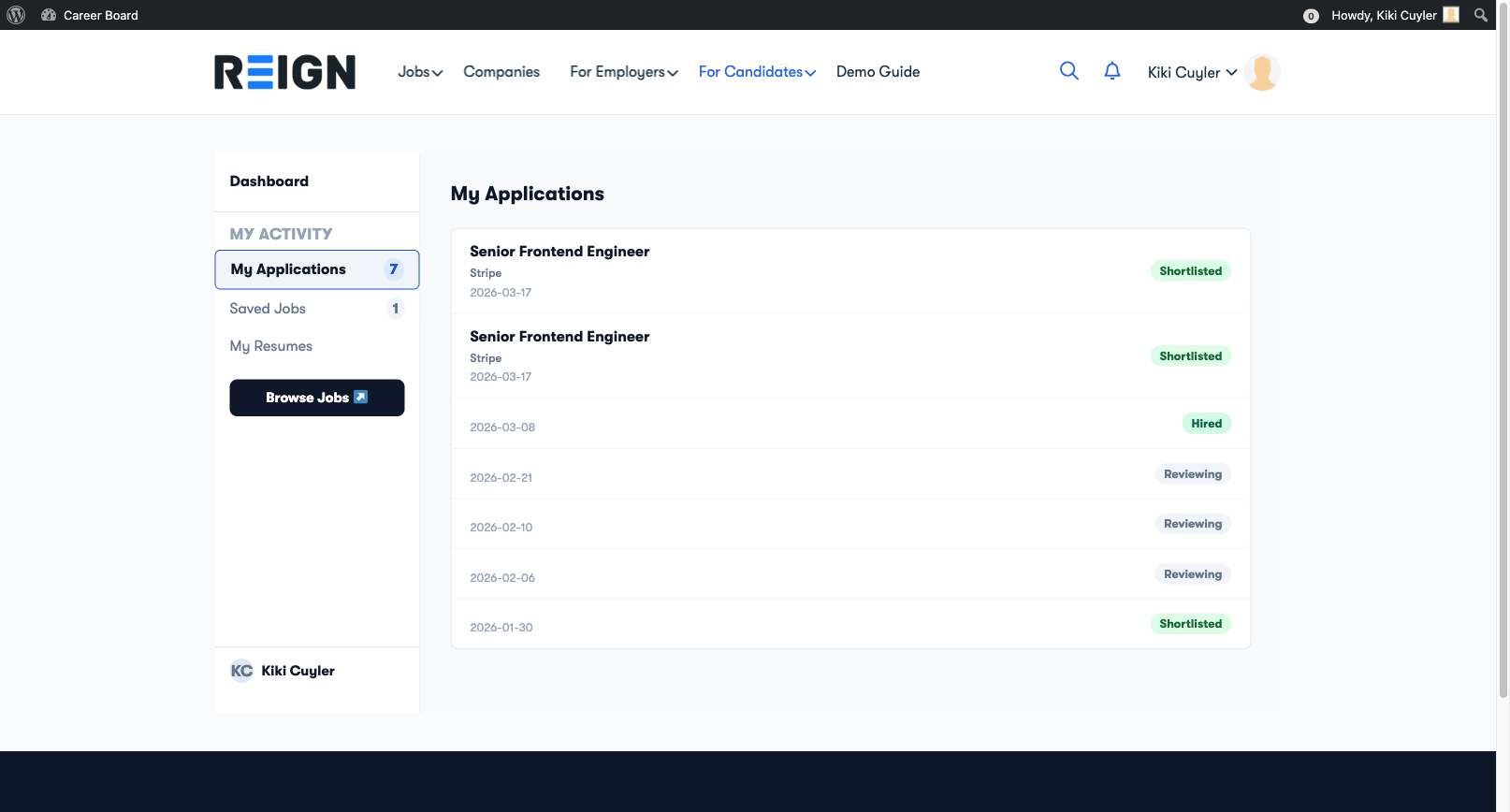 Candidate Dashboard — My Applications Tab