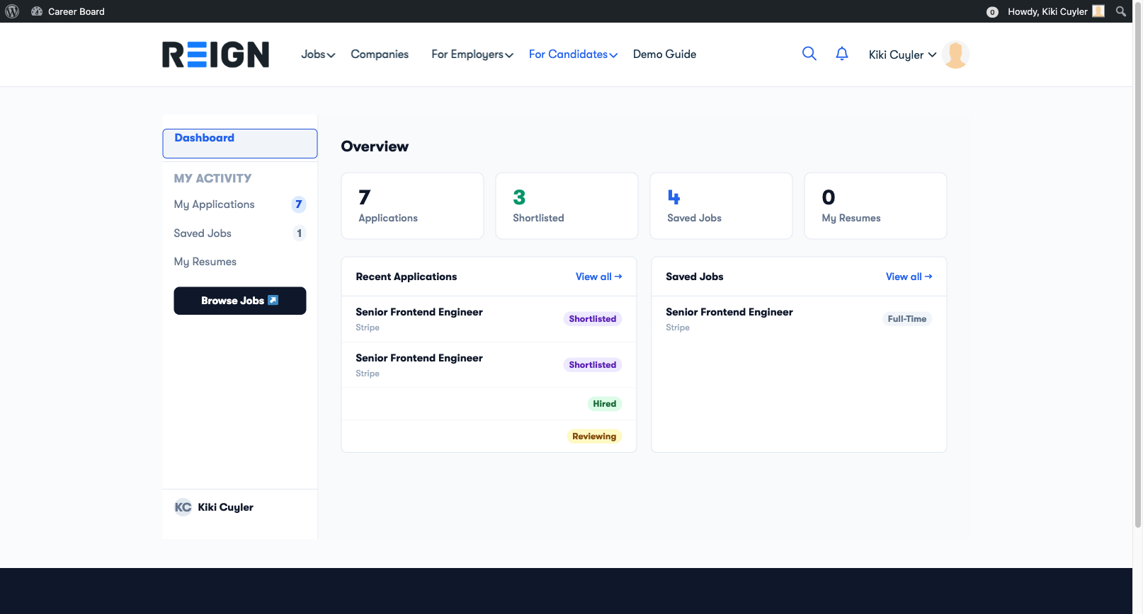 Candidate Dashboard overview