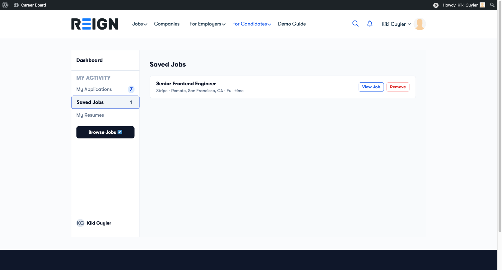 Candidate Dashboard — Saved Jobs Tab