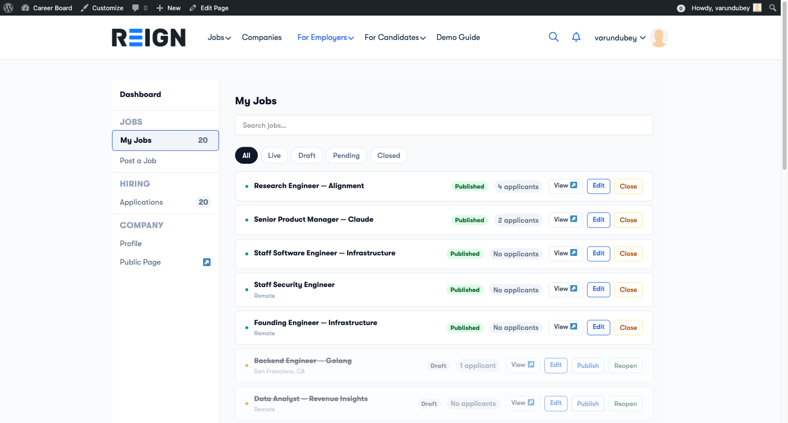 Employer Dashboard — My Jobs Tab