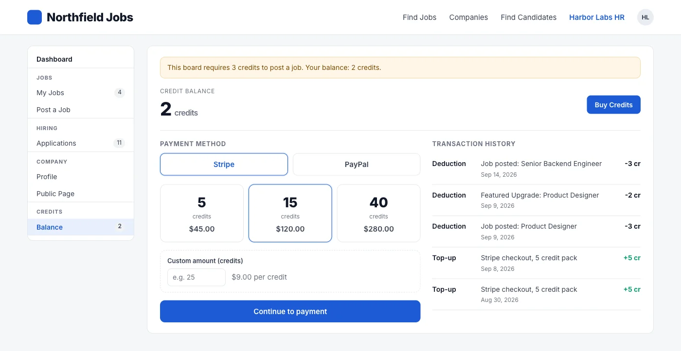 Illustrative mockup of the employer Buy Credits panel with Stripe and PayPal, credit packs and transaction history