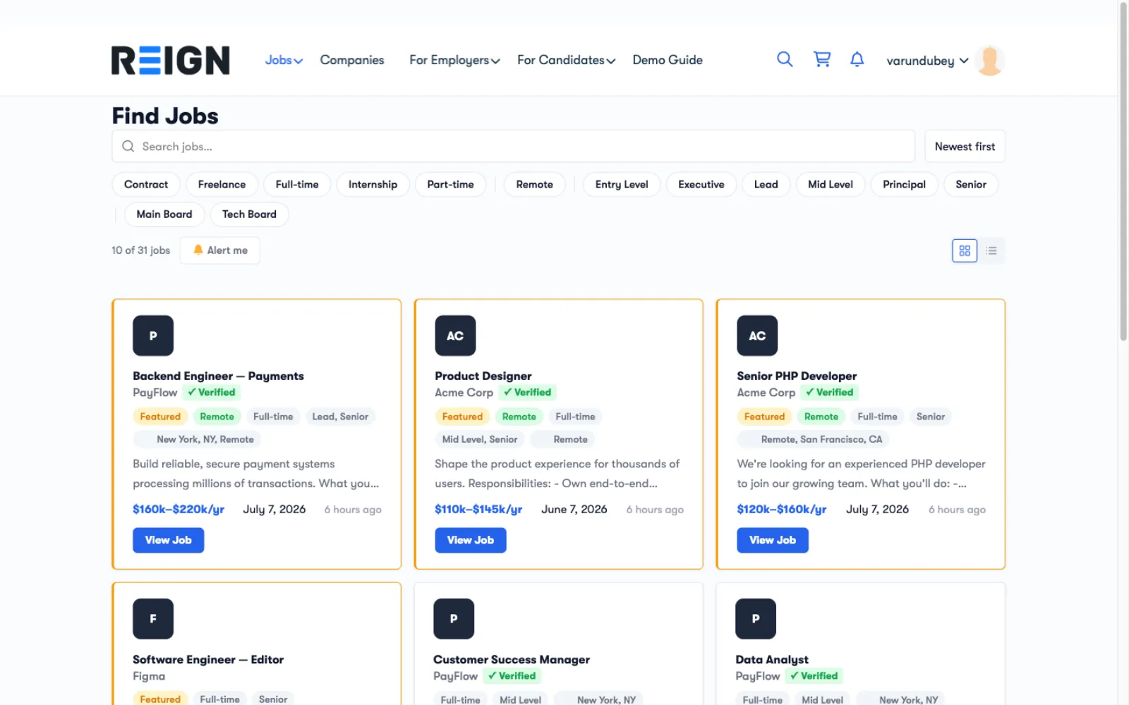 Job listings page with search and filters