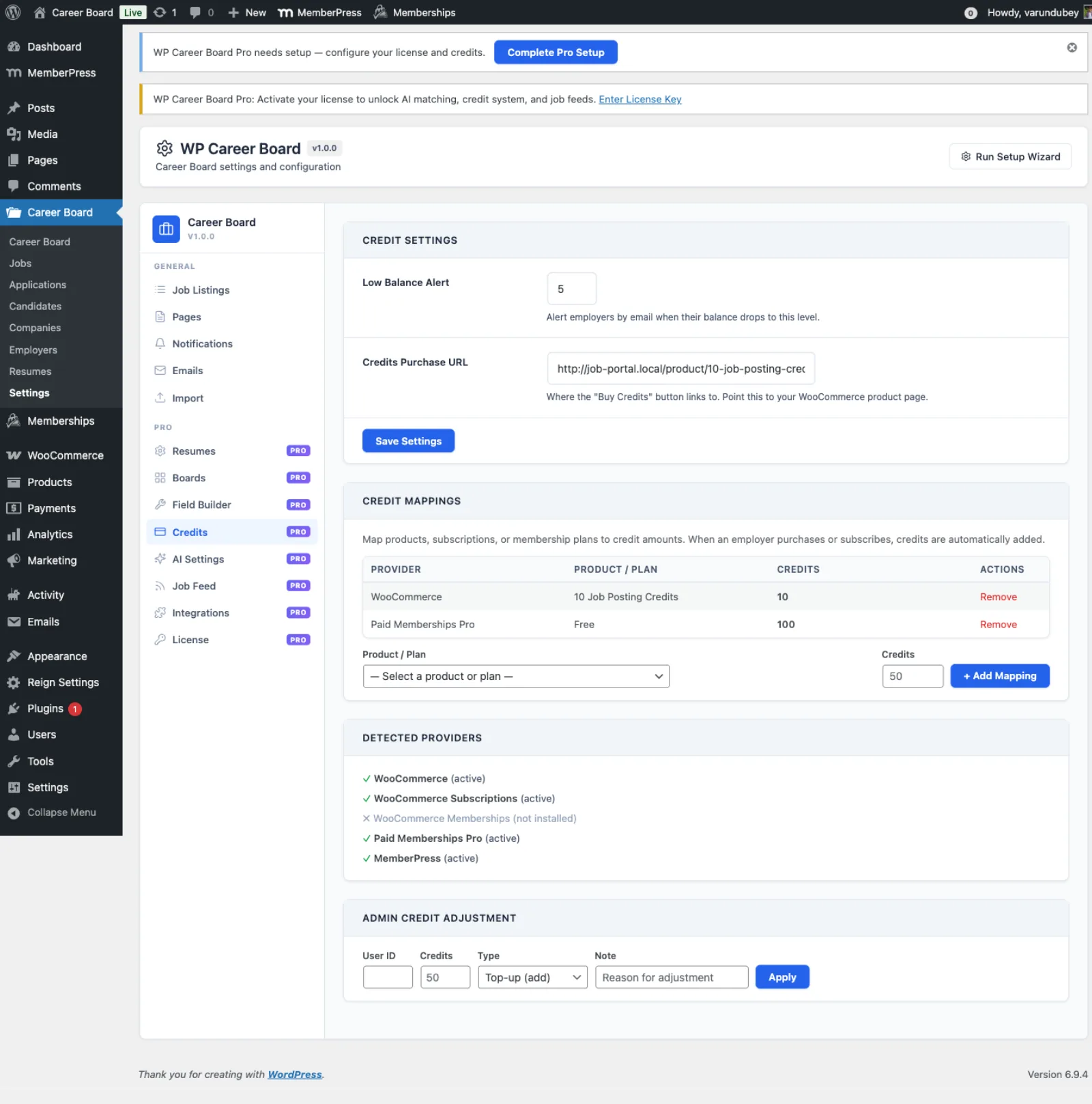 Credit settings and mappings