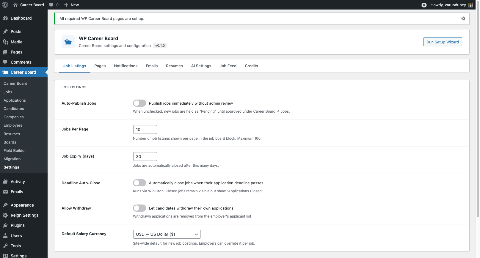 Admin settings - Job Listings tab