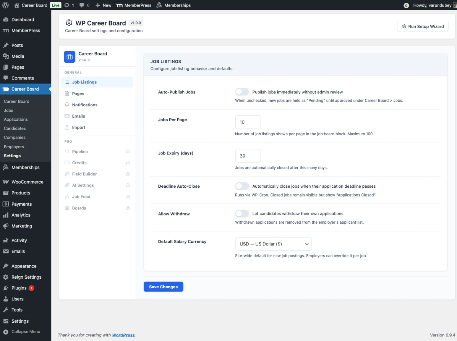 Admin settings - Job Listings tab
