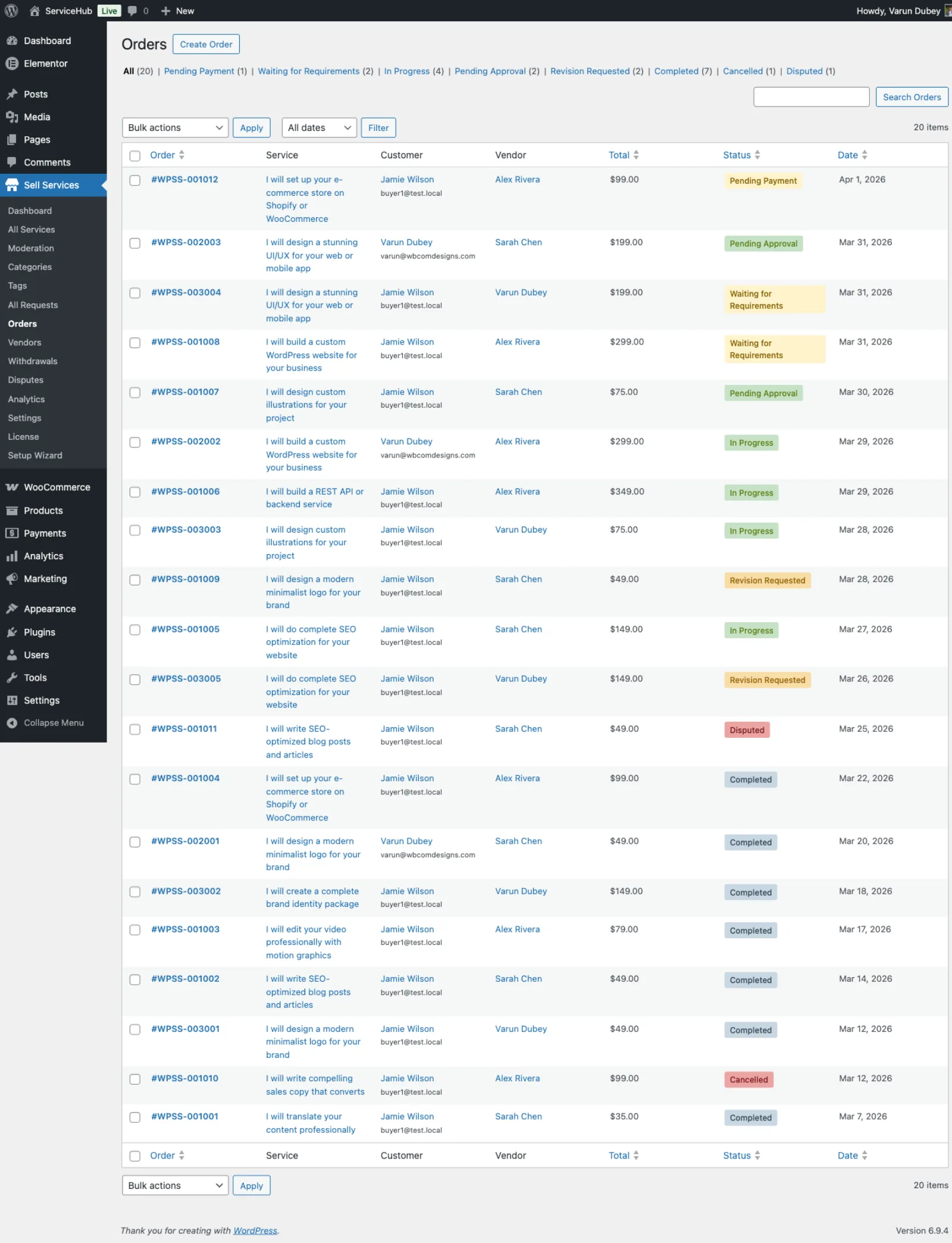 Admin orders list showing all marketplace orders