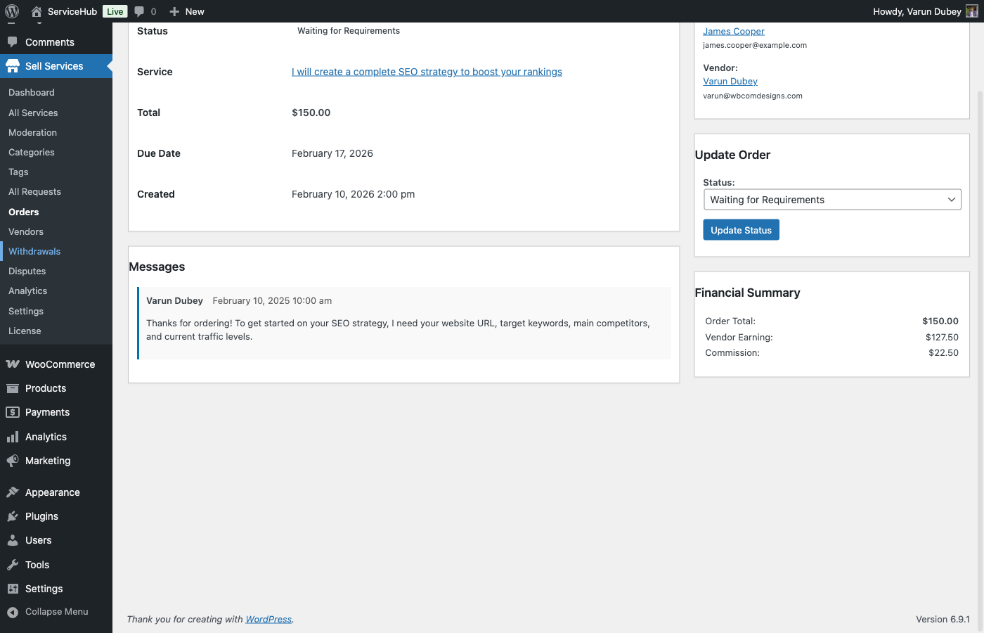 Order detail showing commission split between platform and vendor
