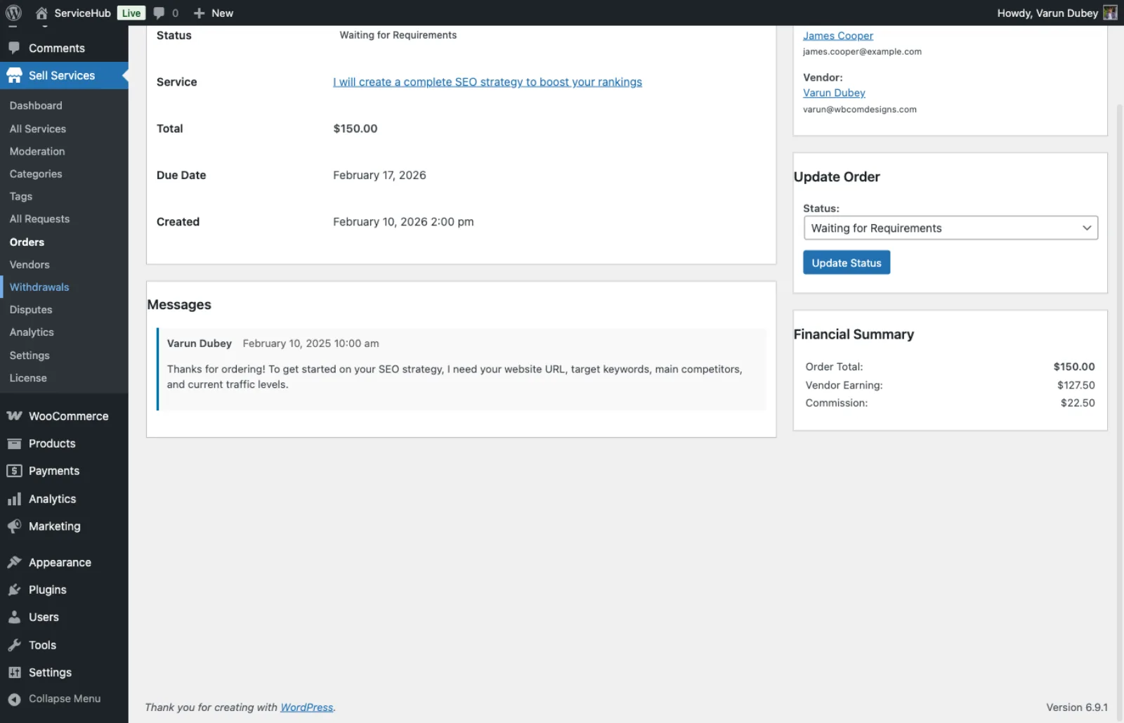 Order detail showing commission split between platform and vendor
