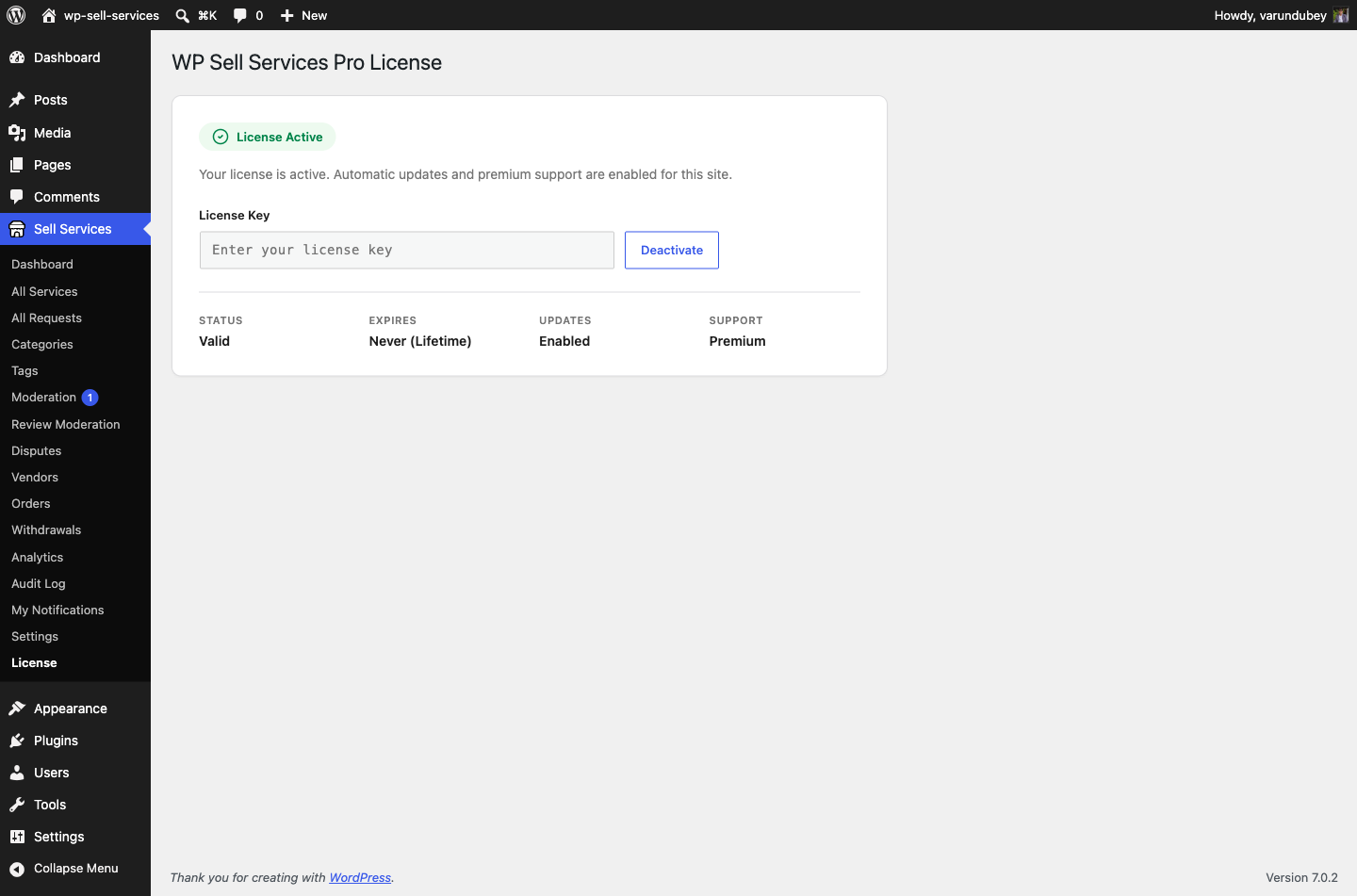The License screen under Sell Services