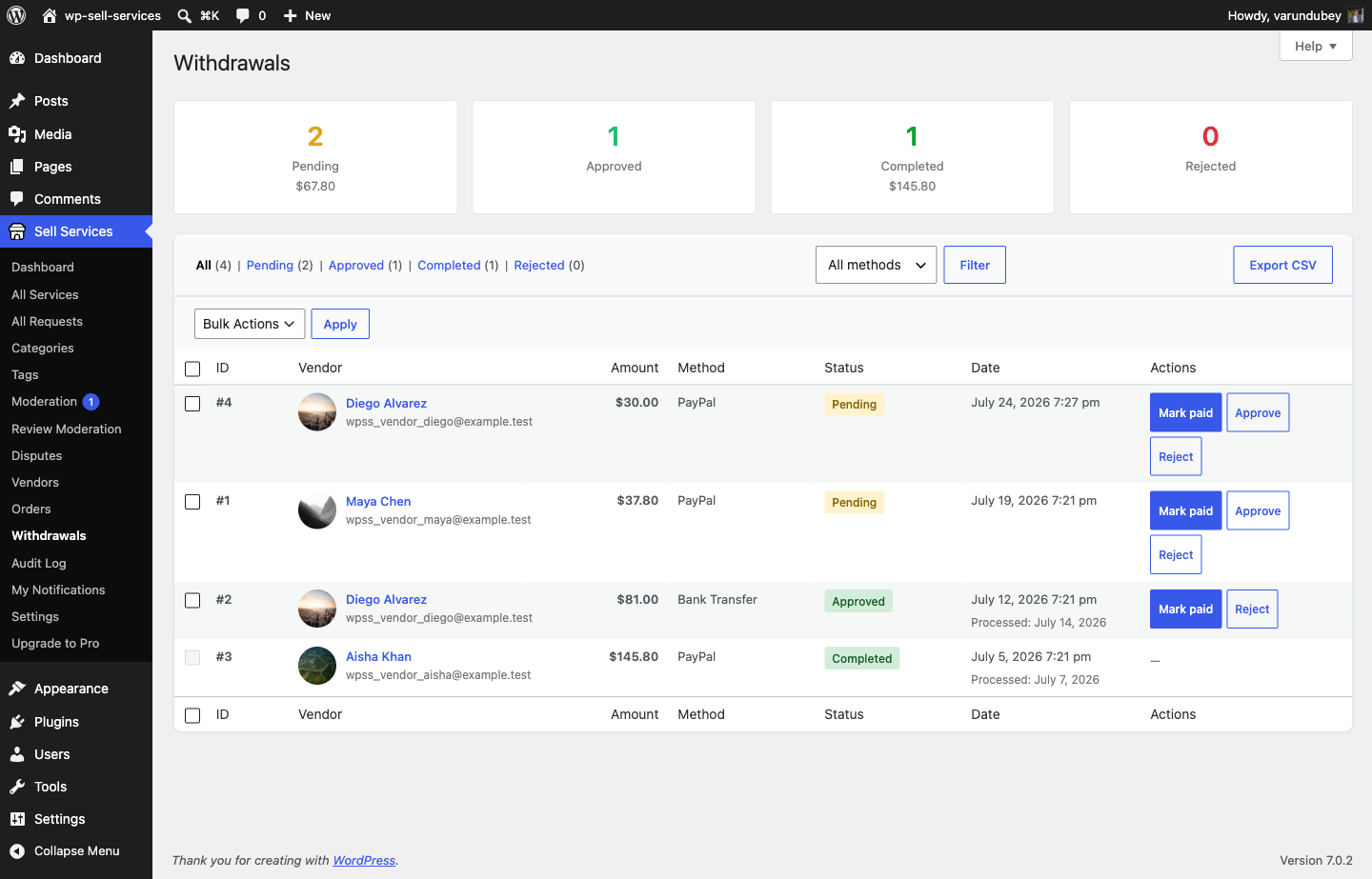The Withdrawals screen: export what is owed, then mark each payout paid