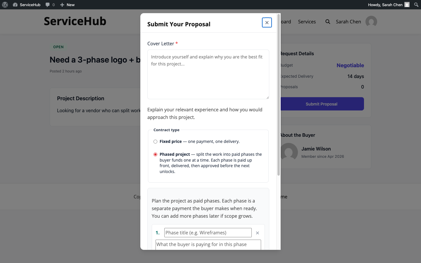 Vendor choosing contract type on the proposal form