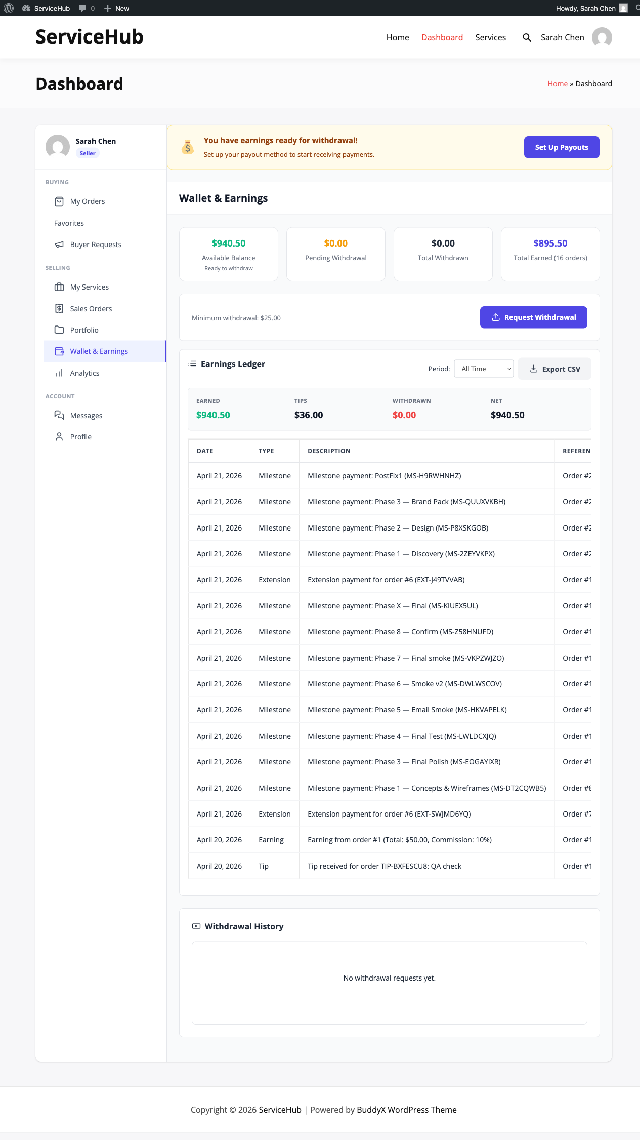 Earnings Ledger on the Wallet dashboard