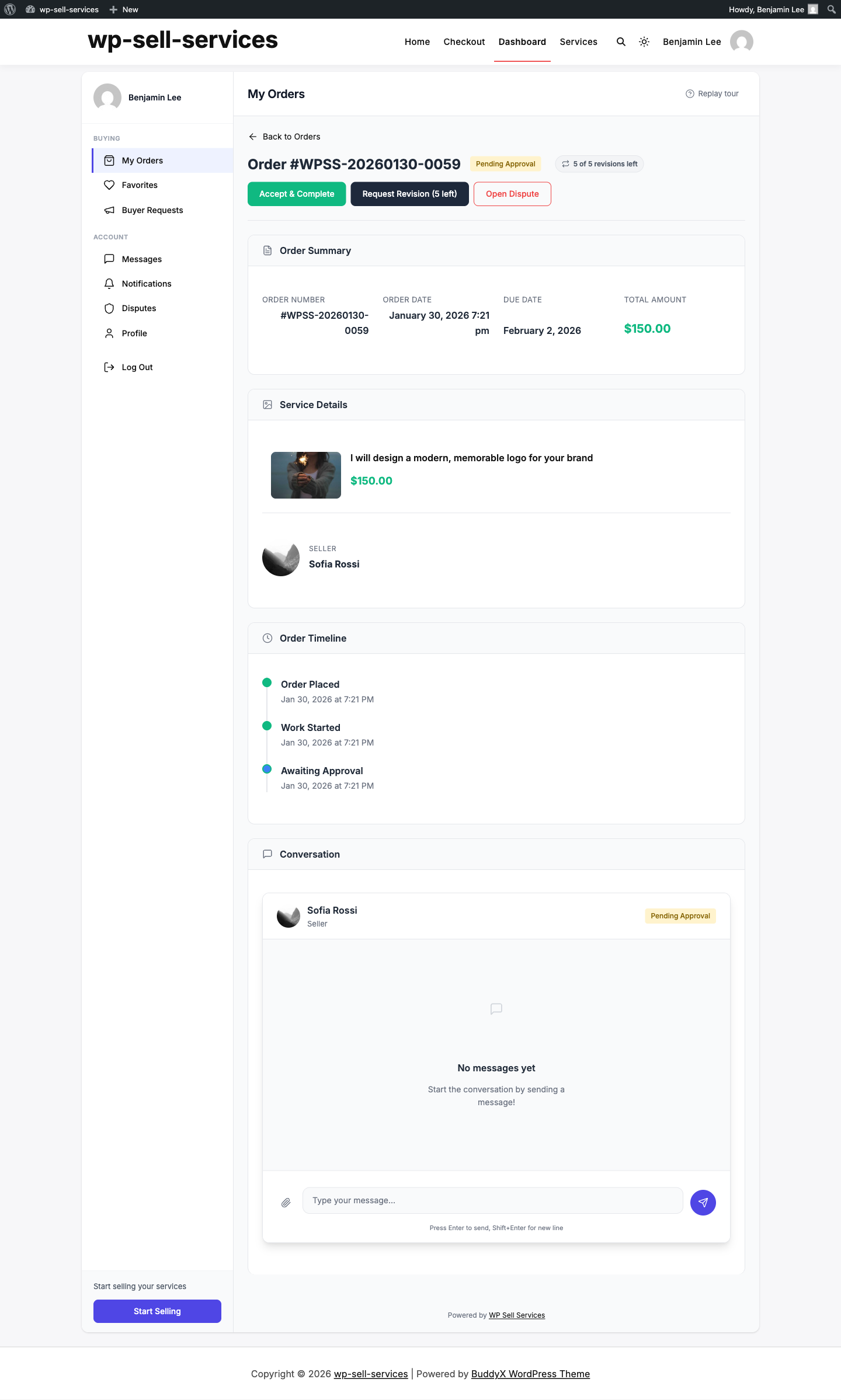 A buyer's order awaiting approval, with Accept, Request Revision and Open Dispute
