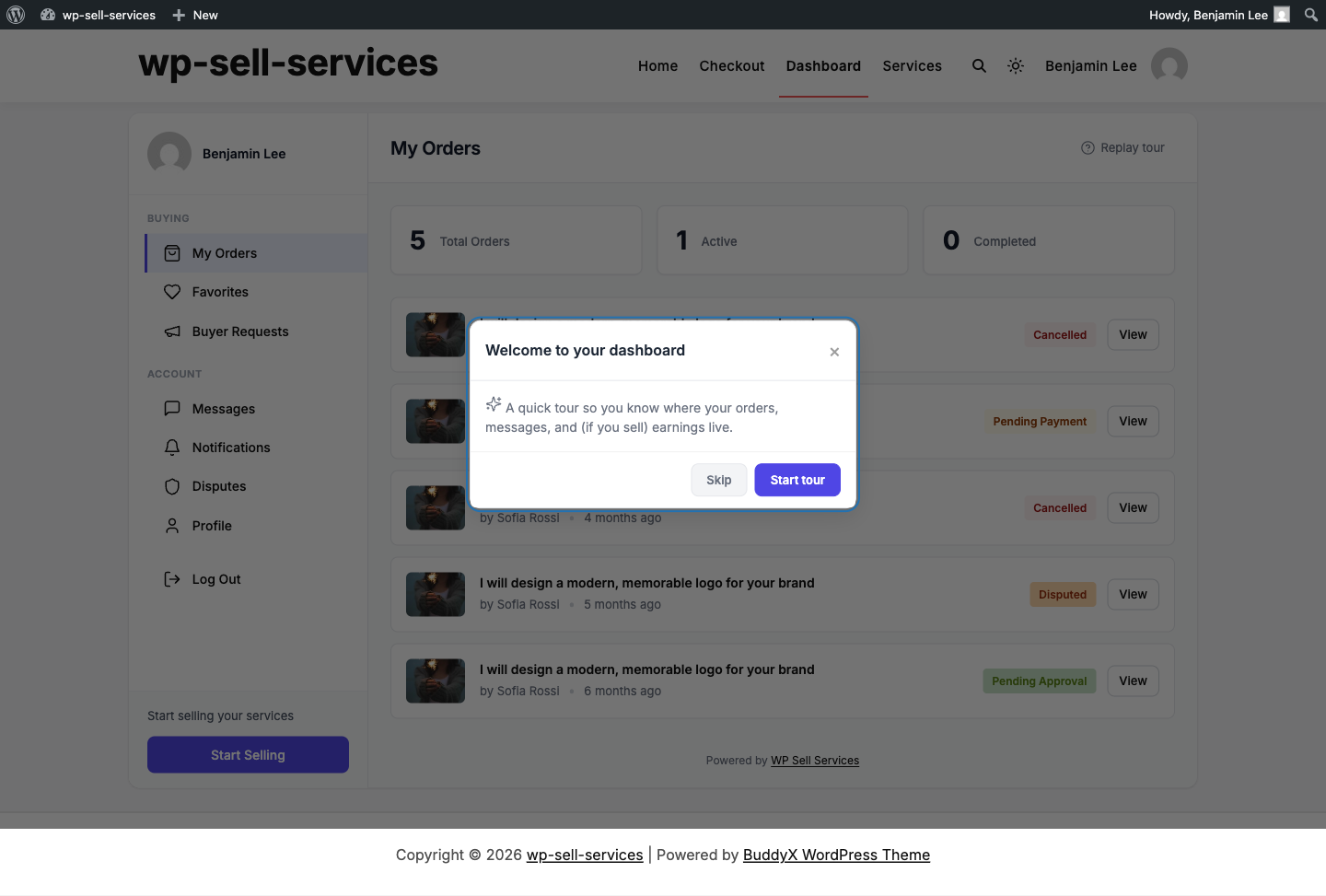 The welcome tour shown on a user's first dashboard visit