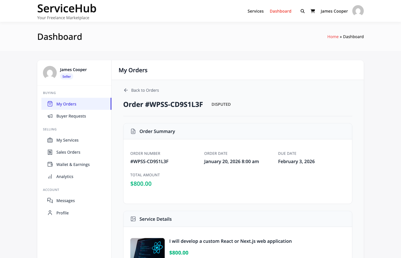Dispute status on order