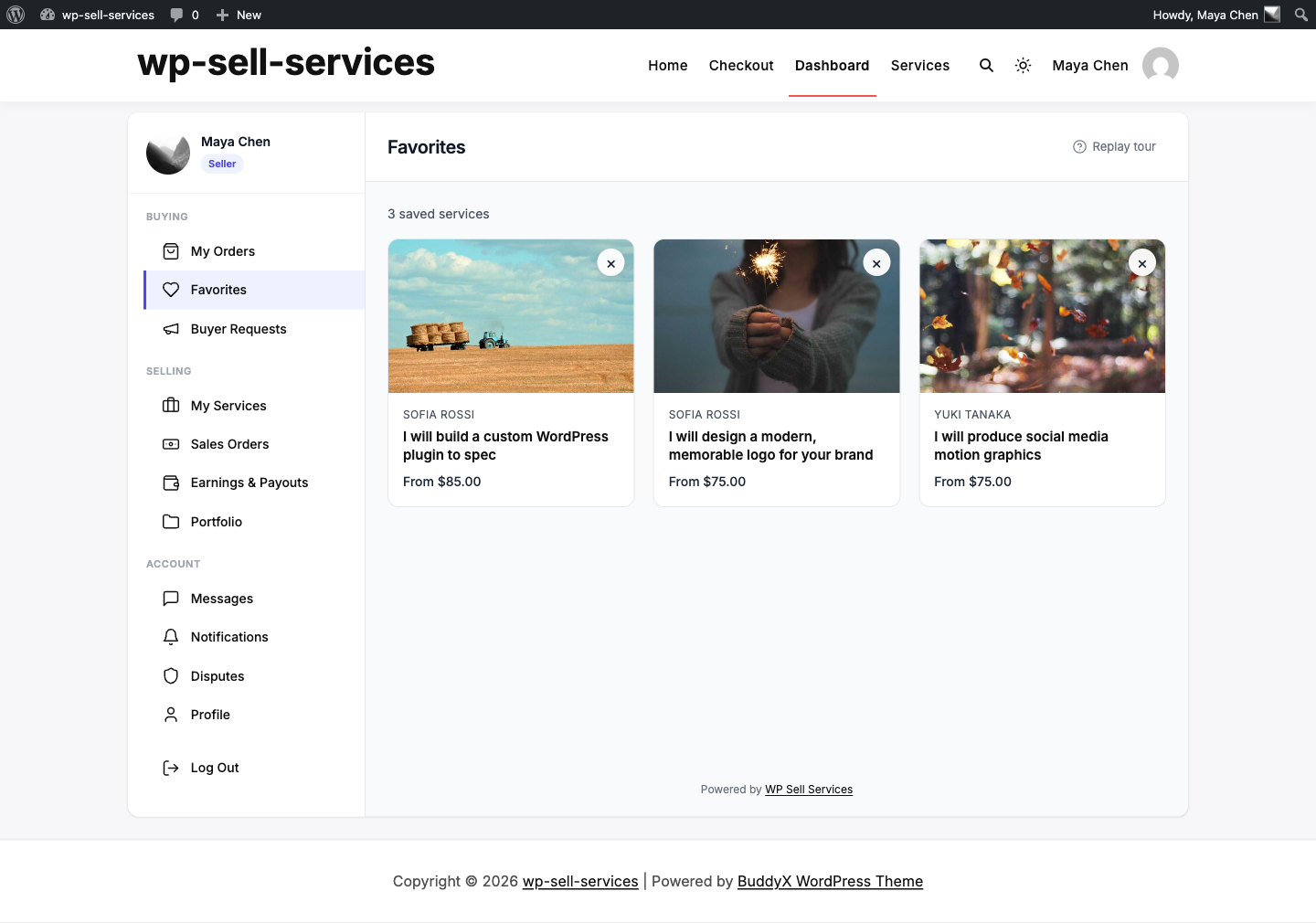 Saved services in the Favorites section, showing live prices