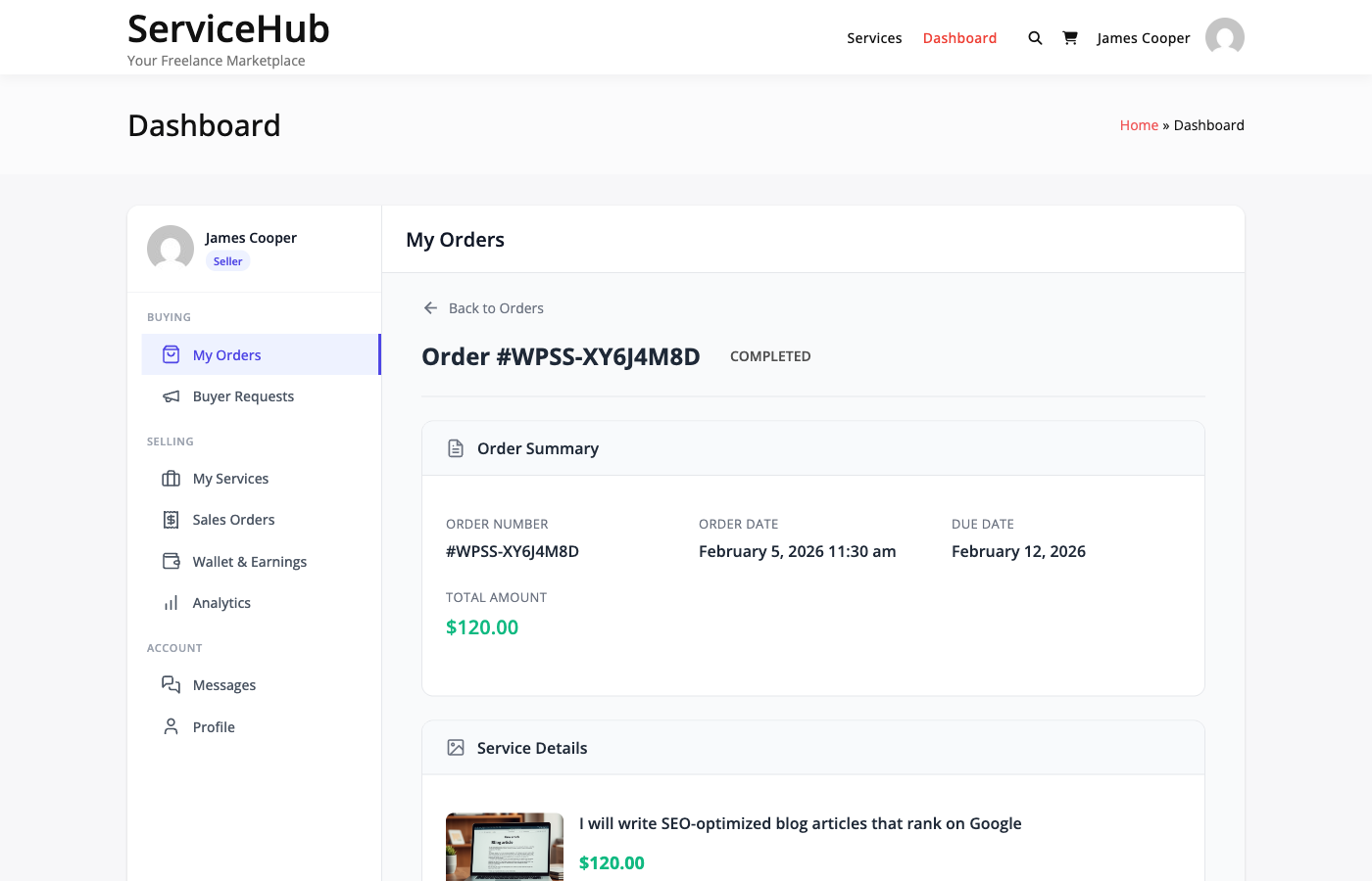 Order confirmation screen after accepting delivery