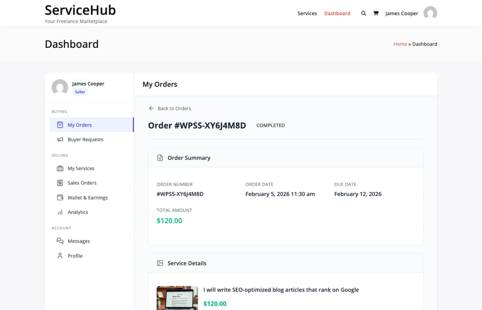 Order confirmation screen after accepting delivery