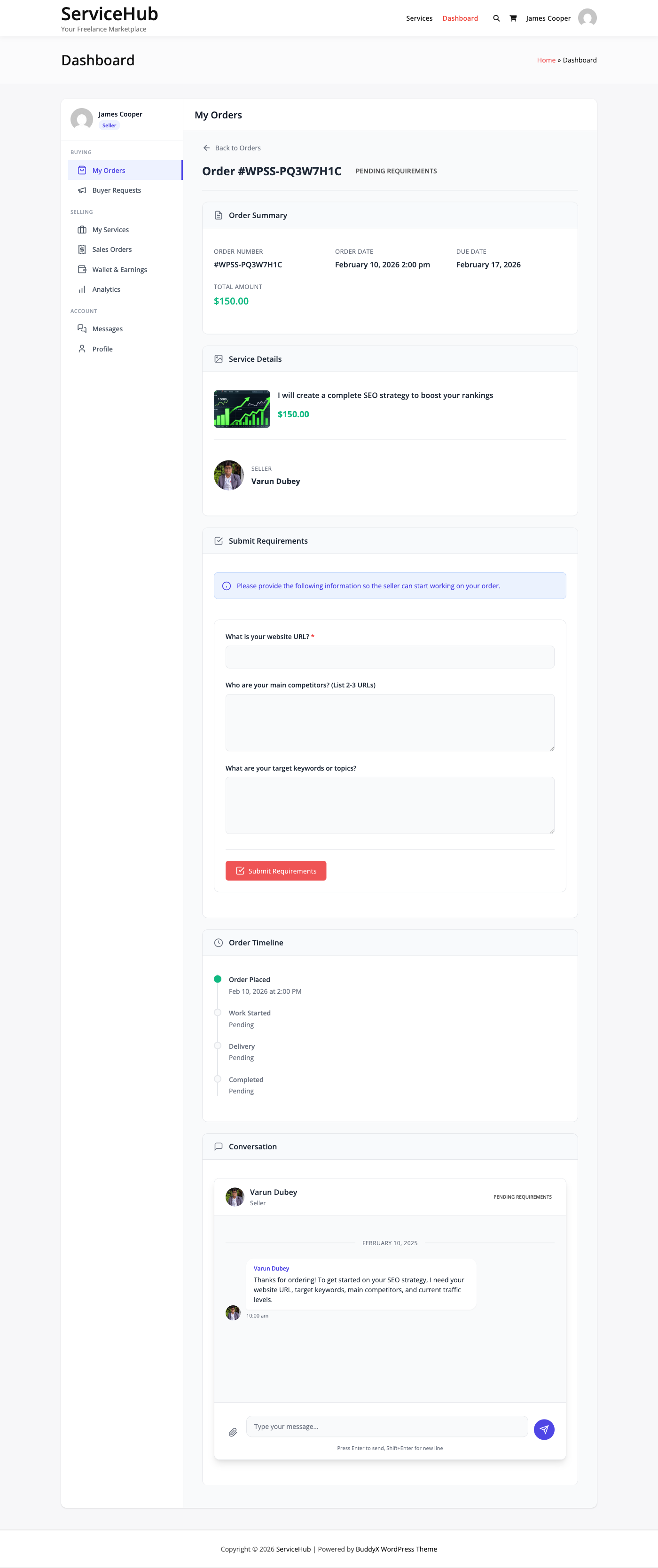 Requirements form fields displayed on the order page