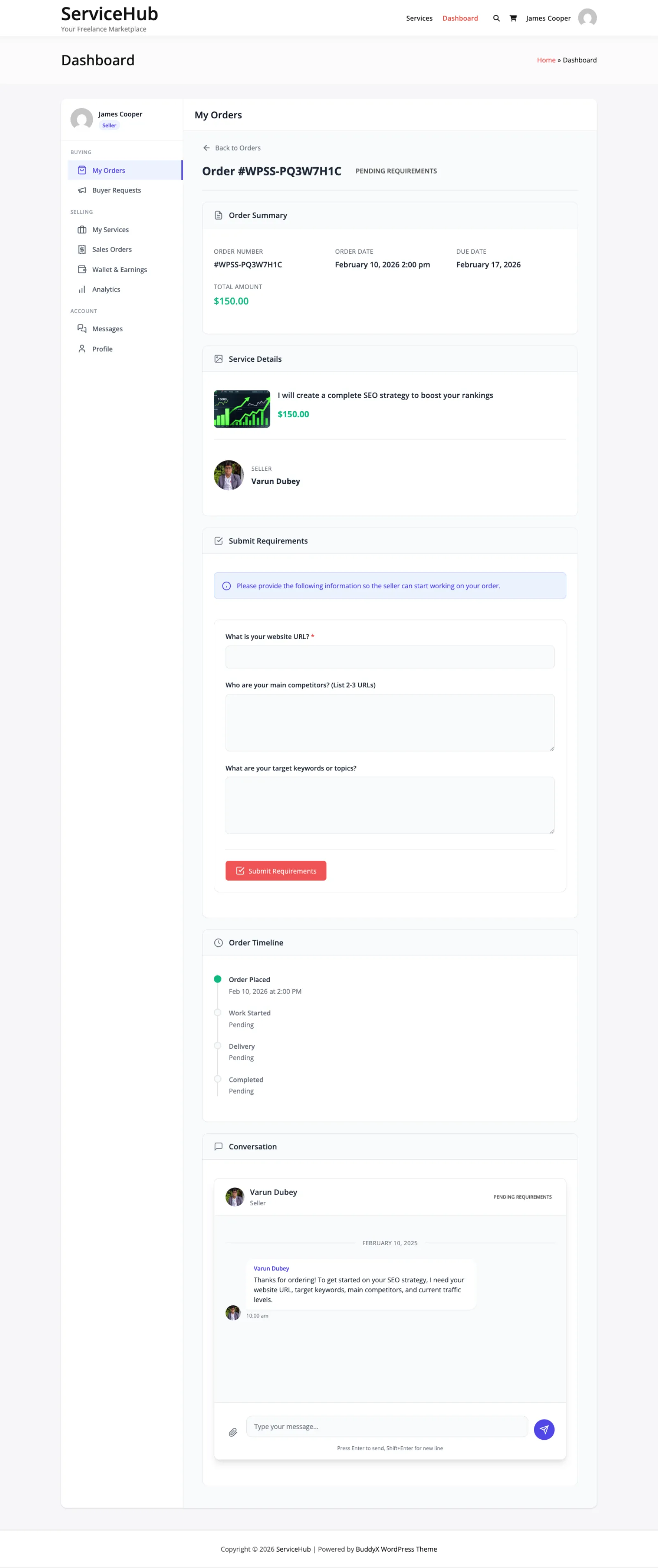 Requirements form fields displayed on the order page