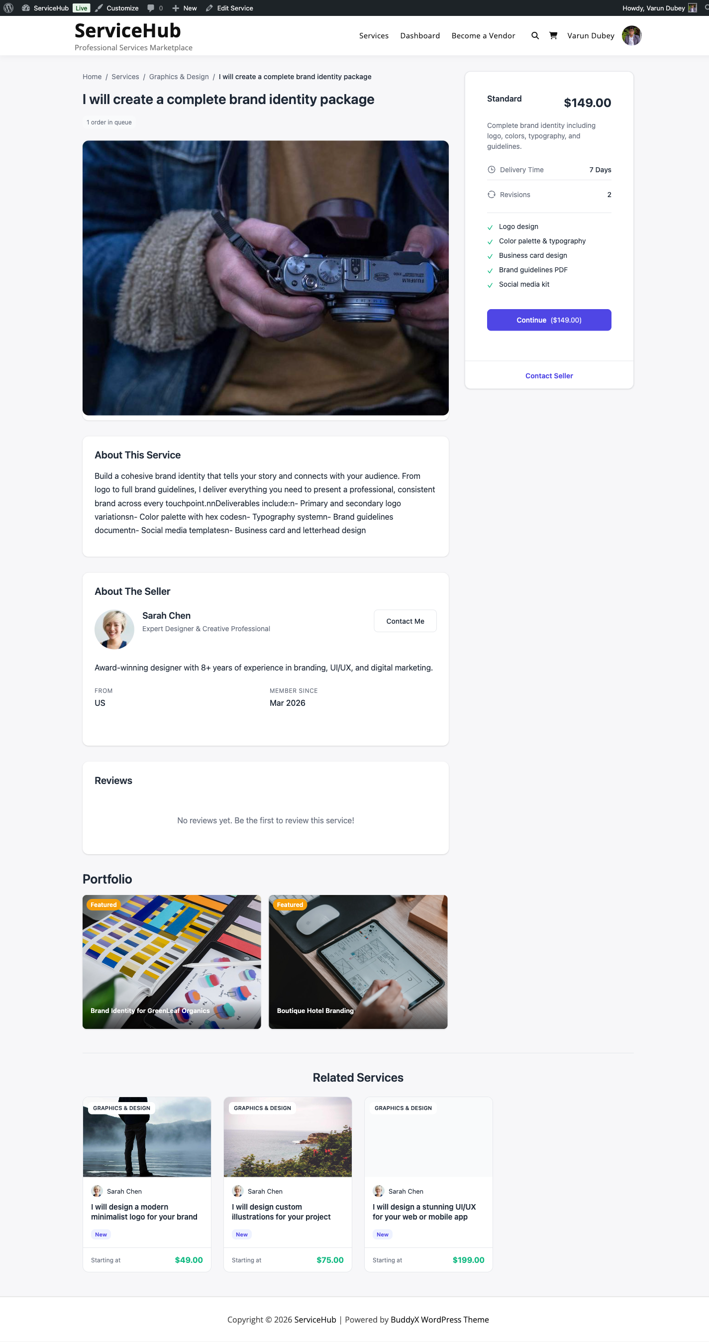Single service page with packages and vendor info