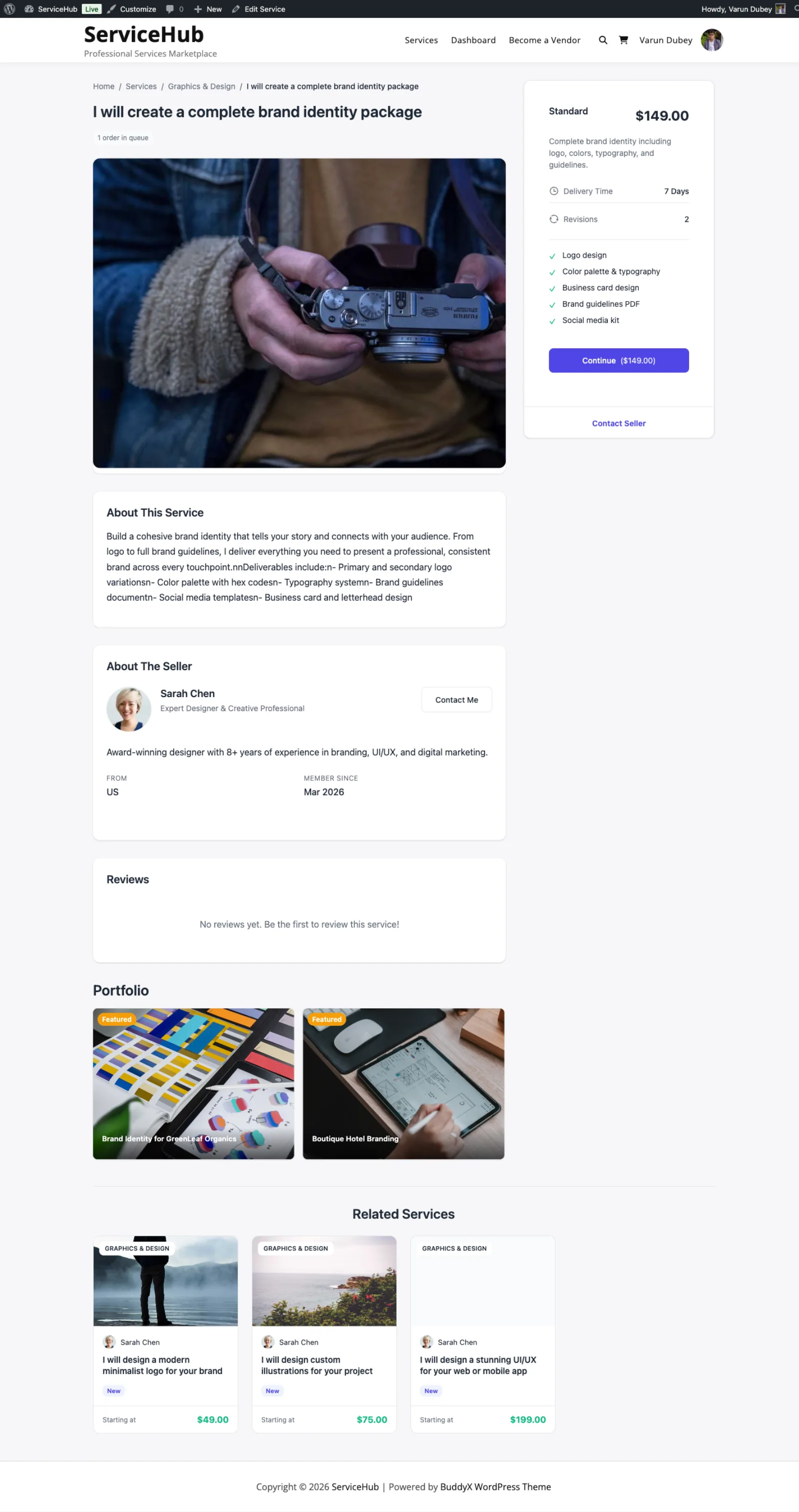 Single service page with packages and vendor info