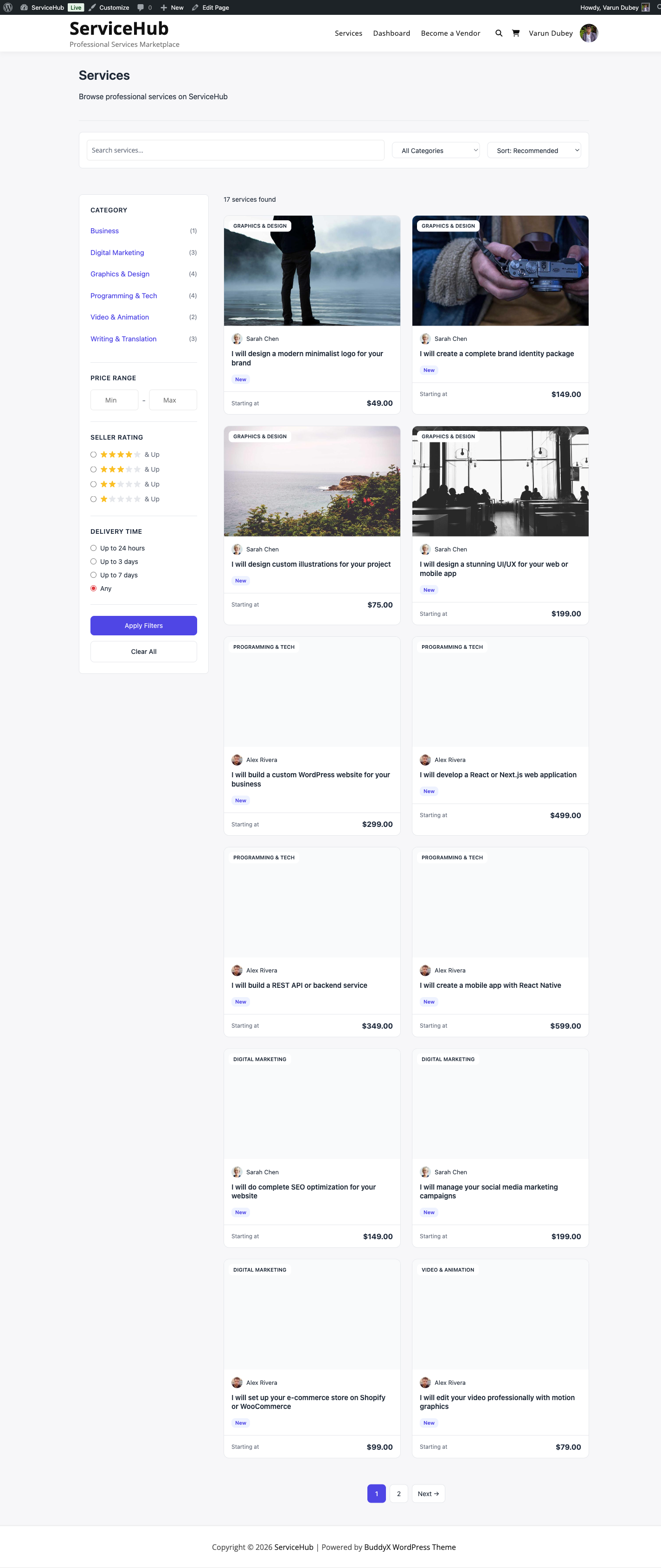 Service marketplace catalog with search and filters