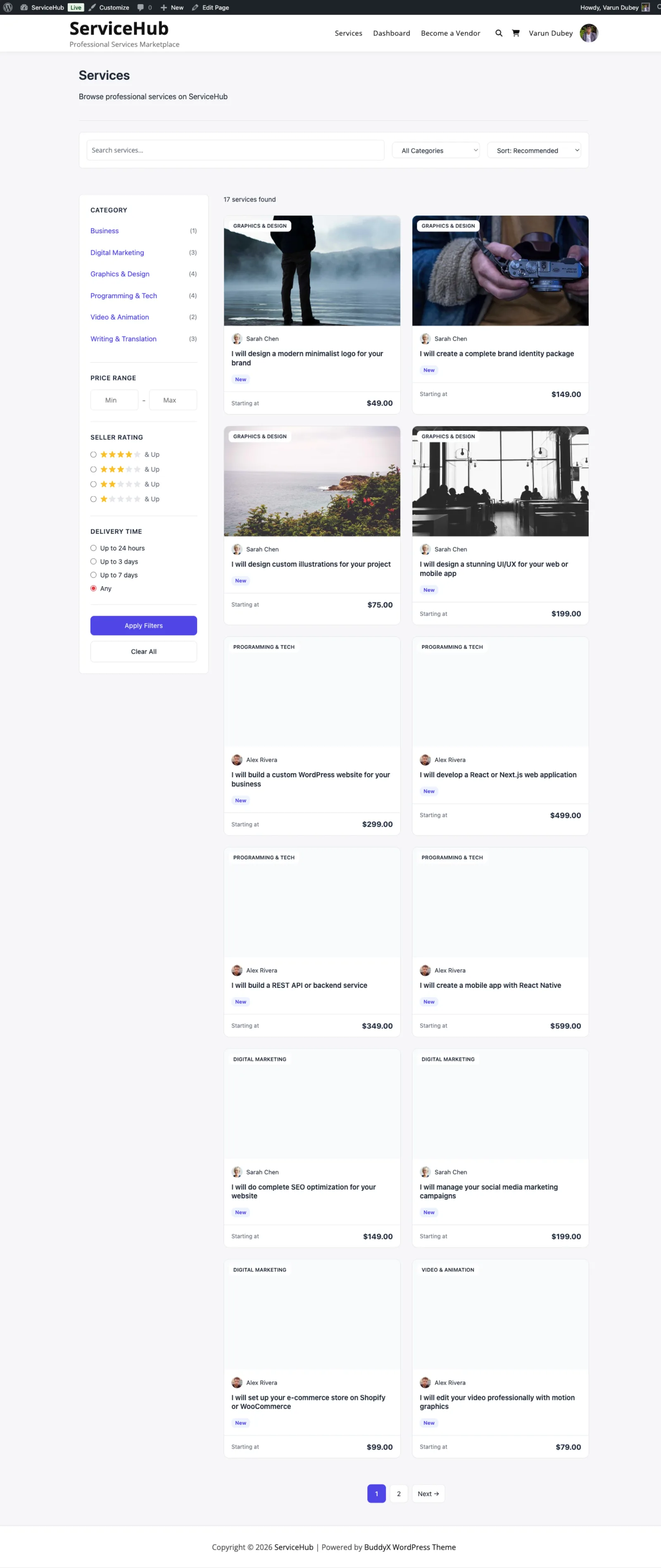 Service marketplace catalog with search and filters