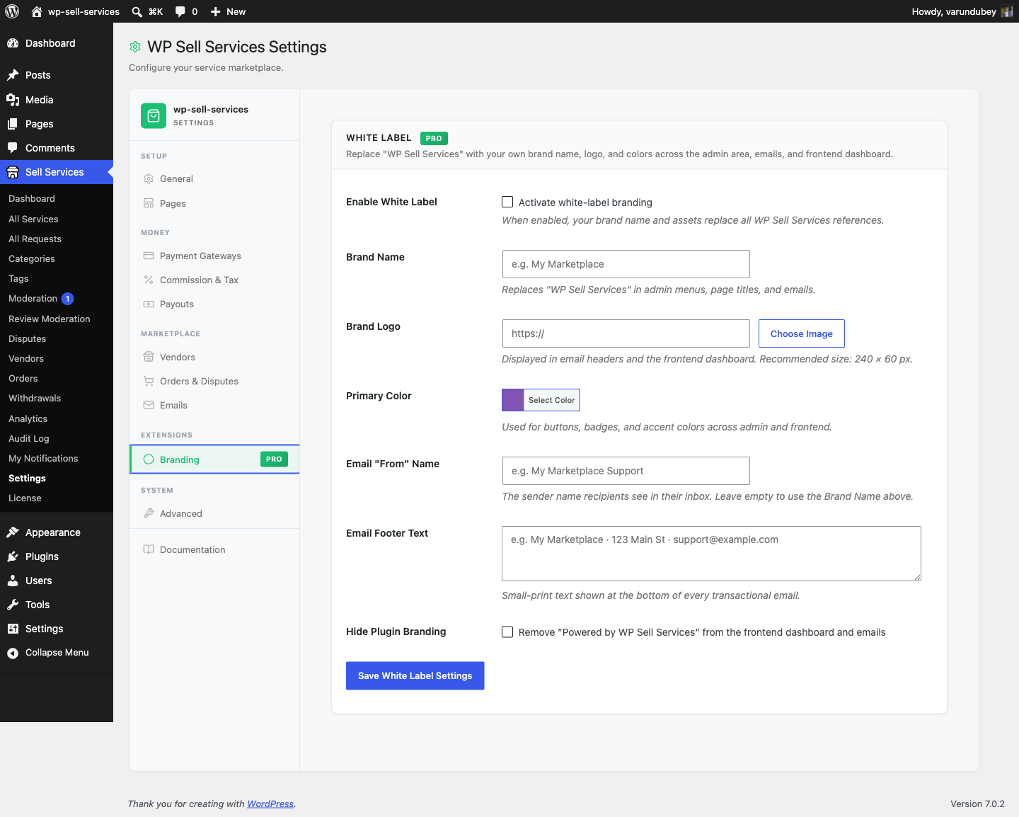 White Label settings on the Branding tab