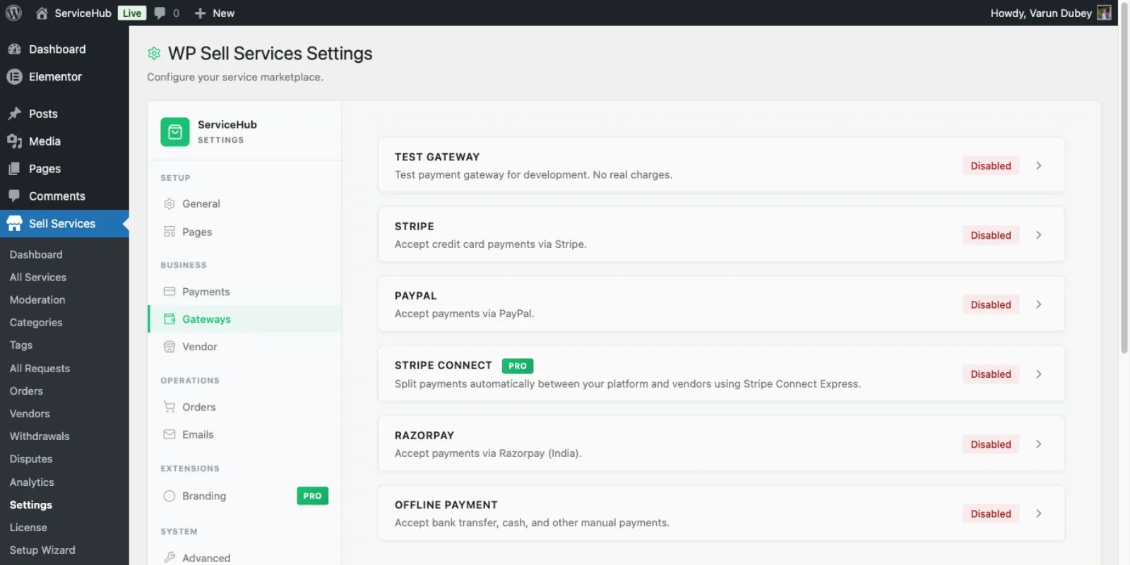 Payment gateway settings