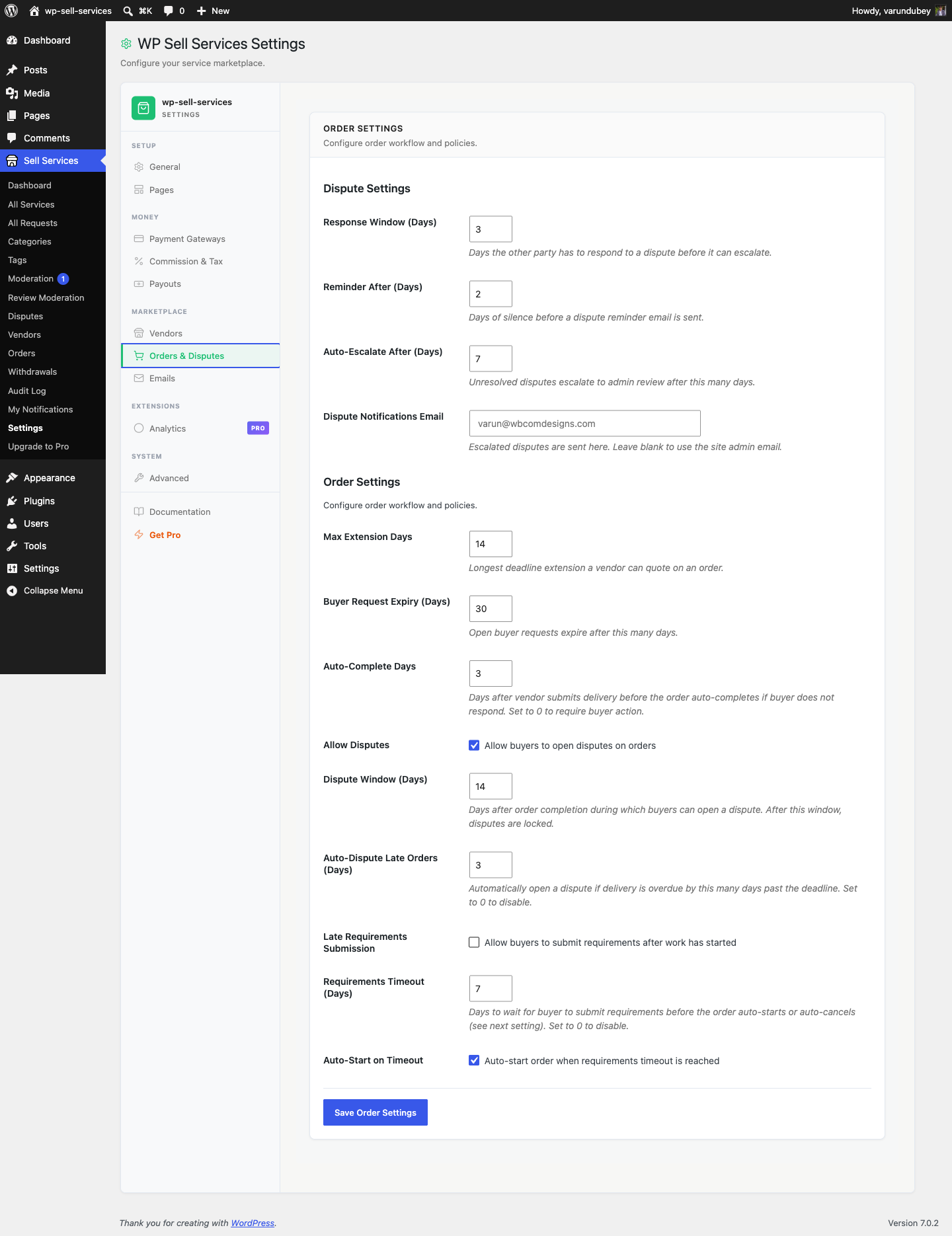 Order settings tab in WP Sell Services settings panel