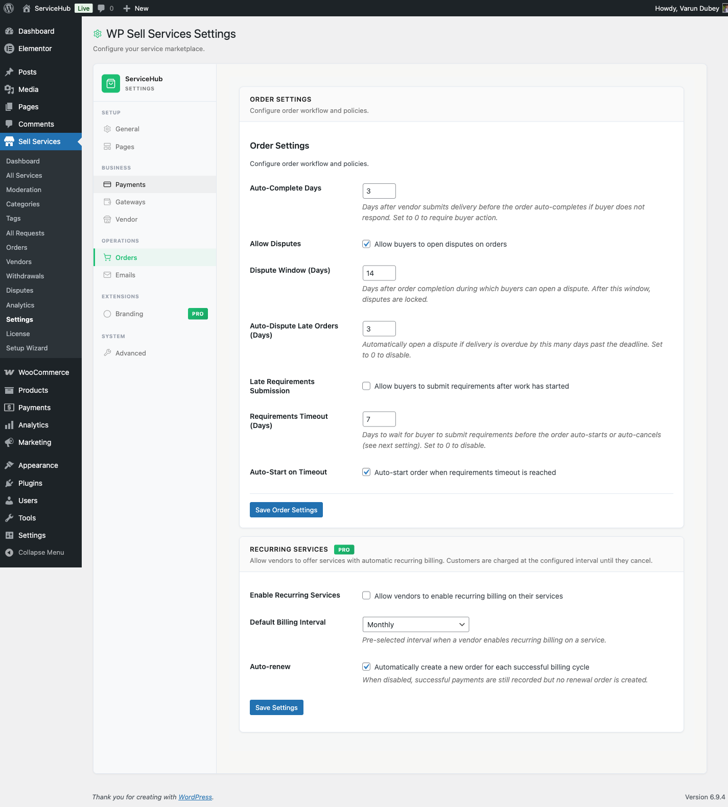 Order settings tab in WP Sell Services settings panel