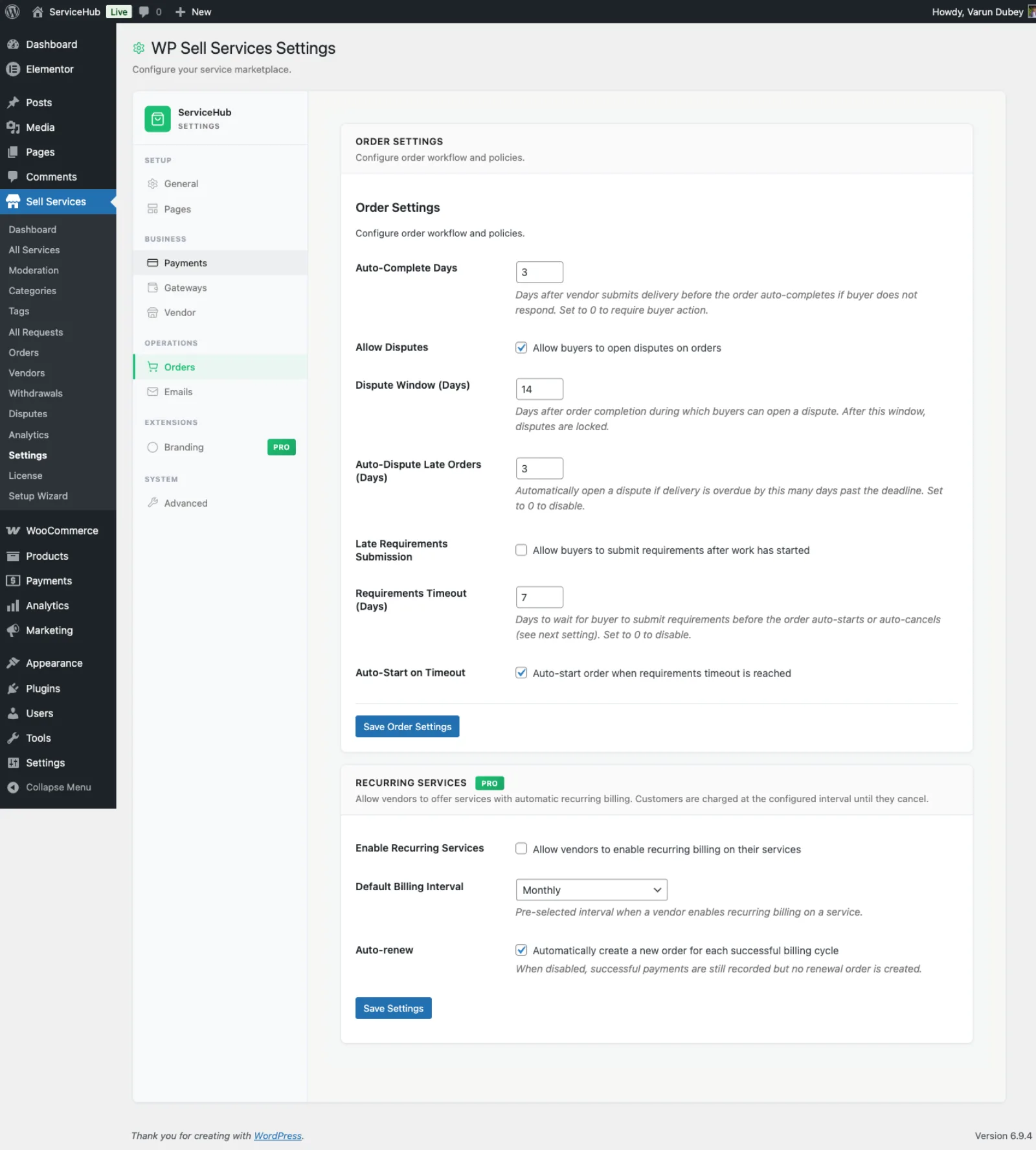 Order settings tab in WP Sell Services settings panel