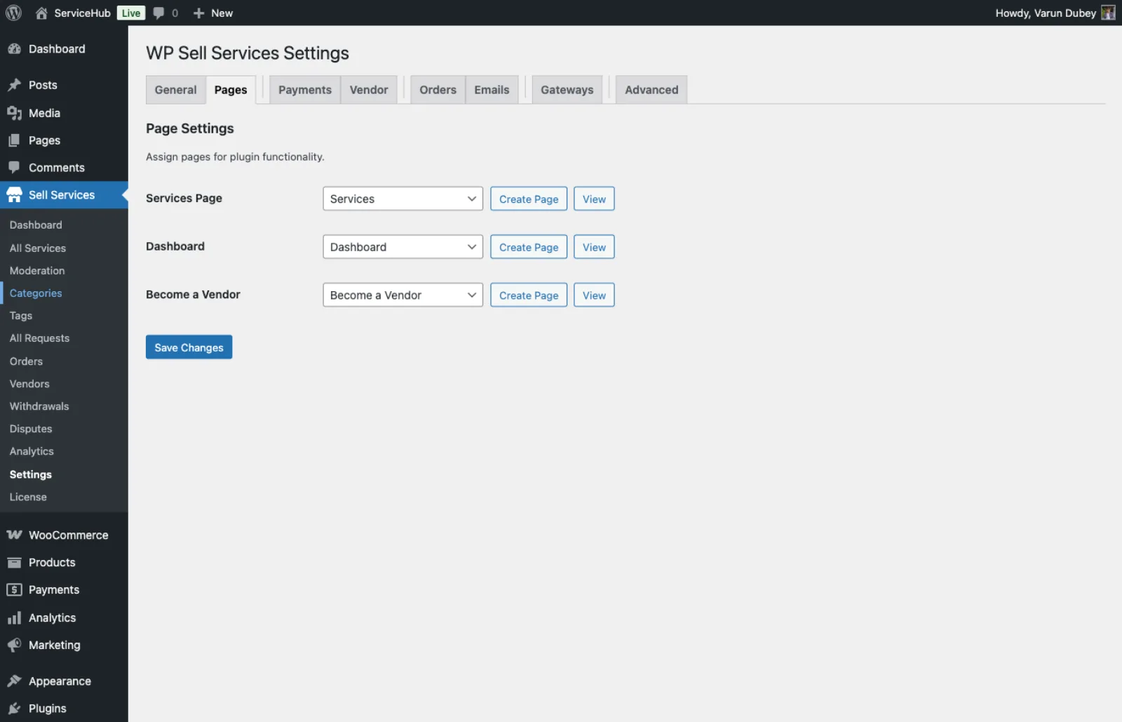 Pages settings tab