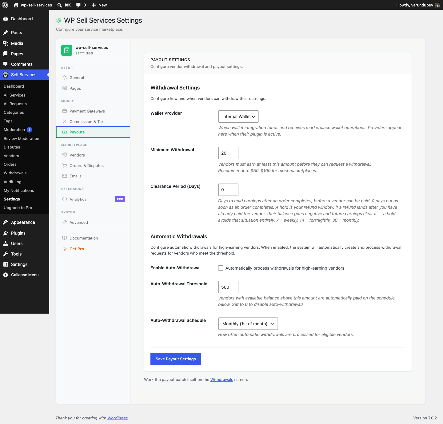 Payout settings, including automatic withdrawals