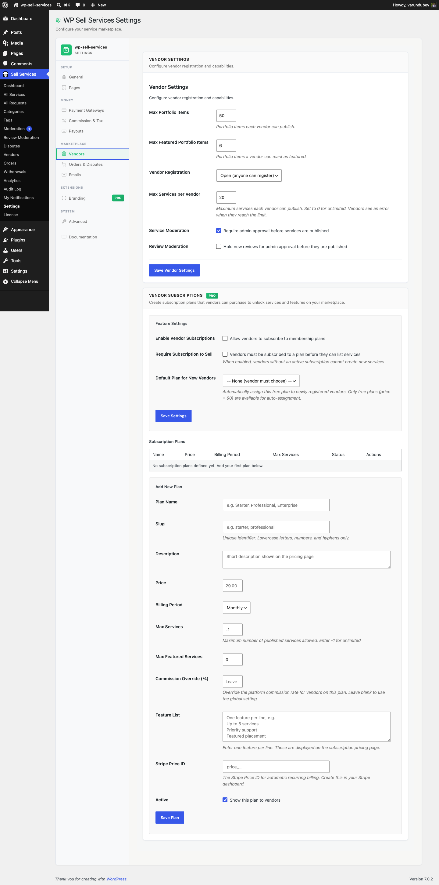 Vendor Subscriptions on the Vendors tab