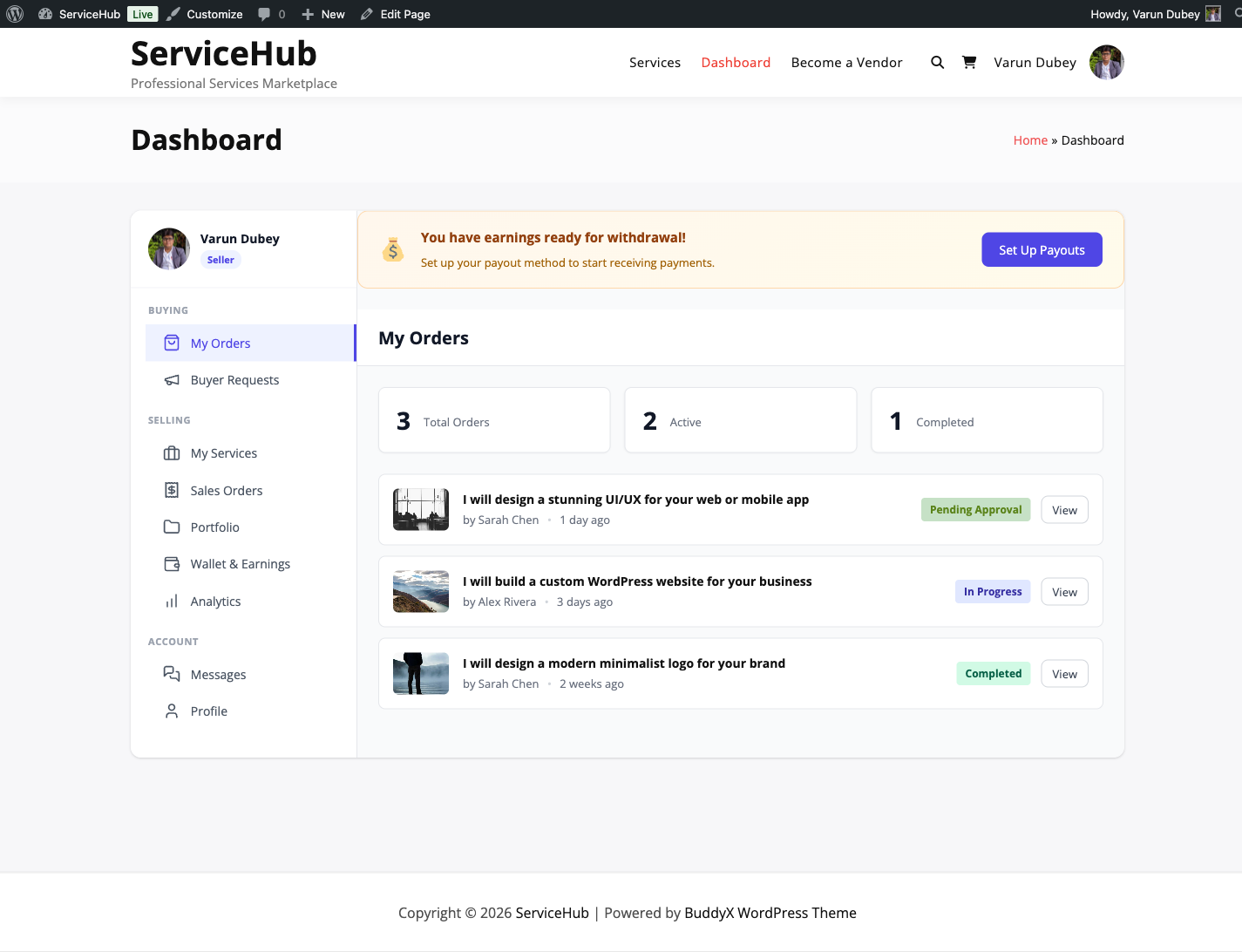 Vendor dashboard with orders and earnings